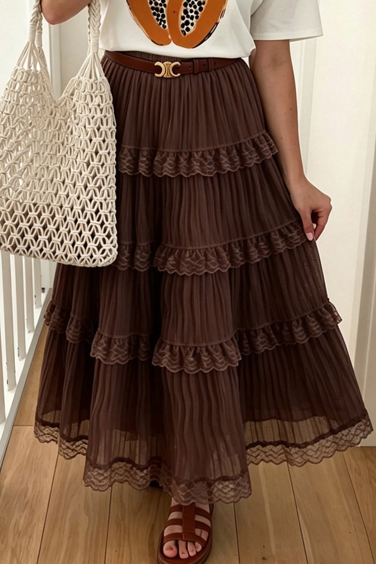 Dark Brown Pleated Tiered Lace Trim Maxi Skirt