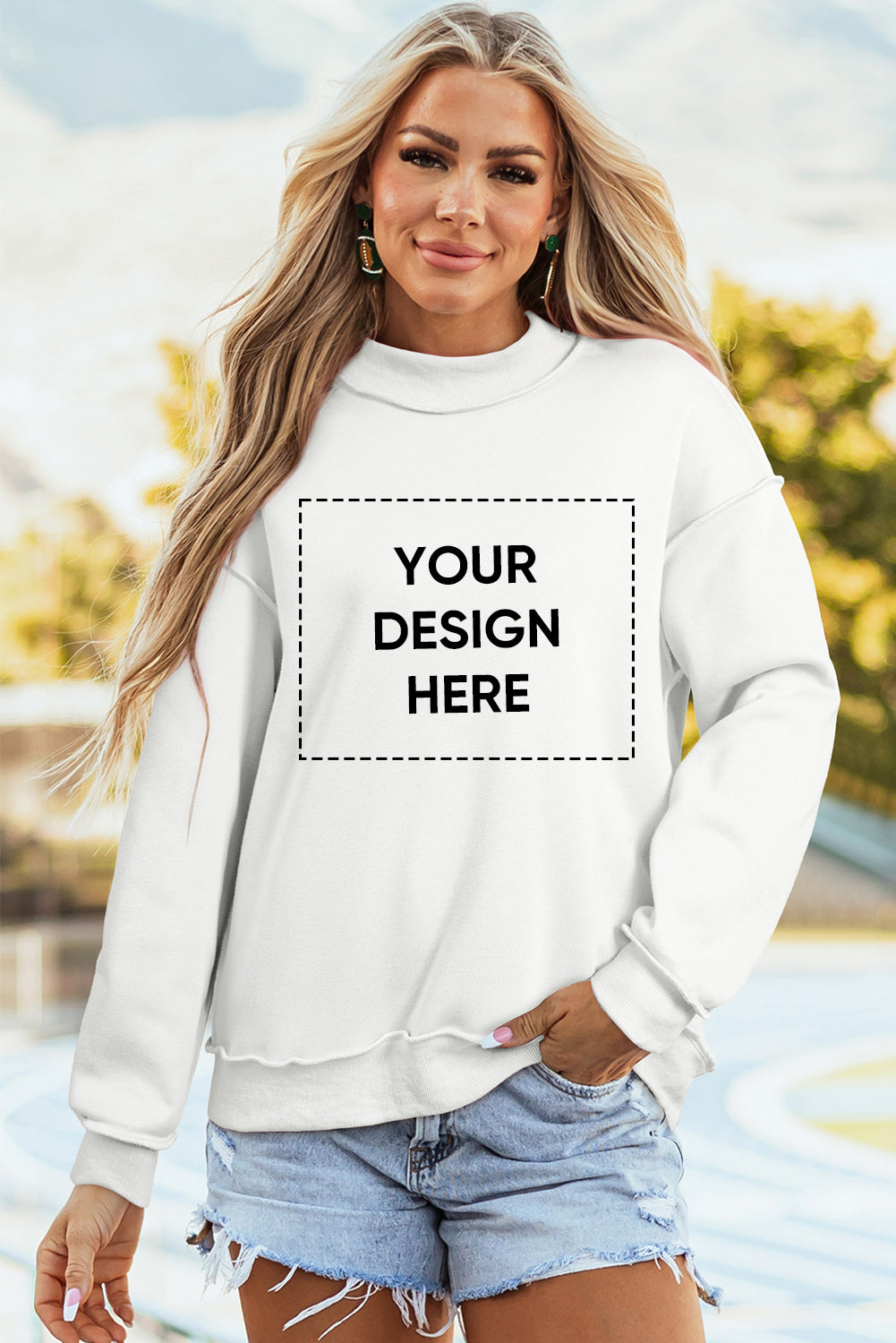 White Oversize Drop Shoulder Reversible Mock Neck Sweatshirt