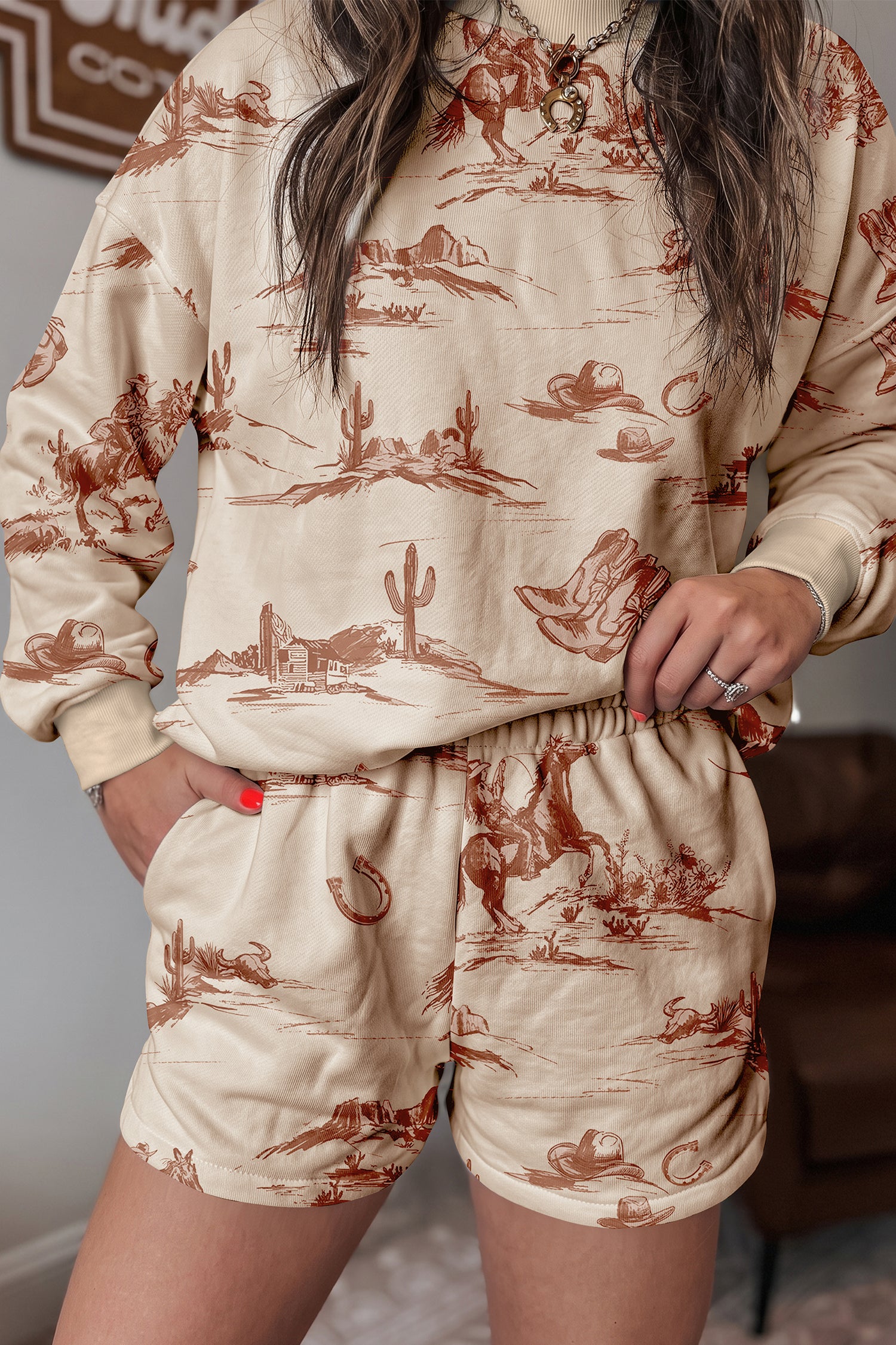 Beige Western Print Loose Fit Long Sleeve Top Short Set