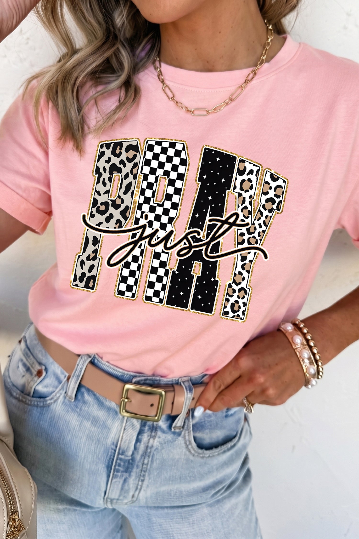 Pink Just PRAY Graphic High Stretch Casual Tee