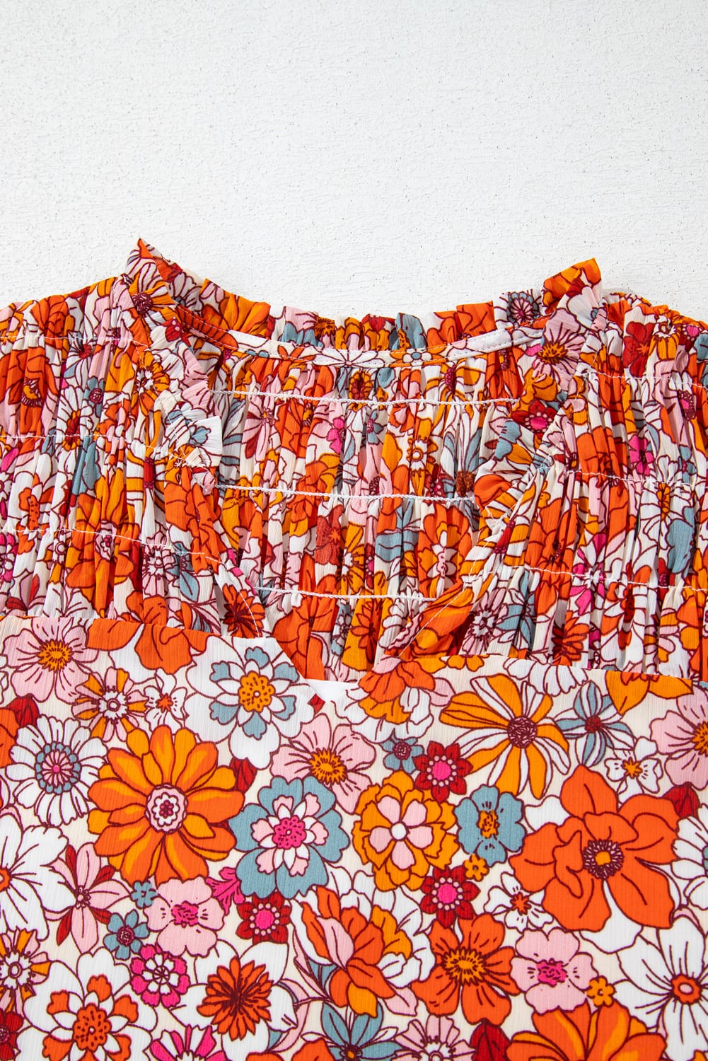 Orange Floral Print V Neck Pleated Ruffle Short Sleeve Blouse
