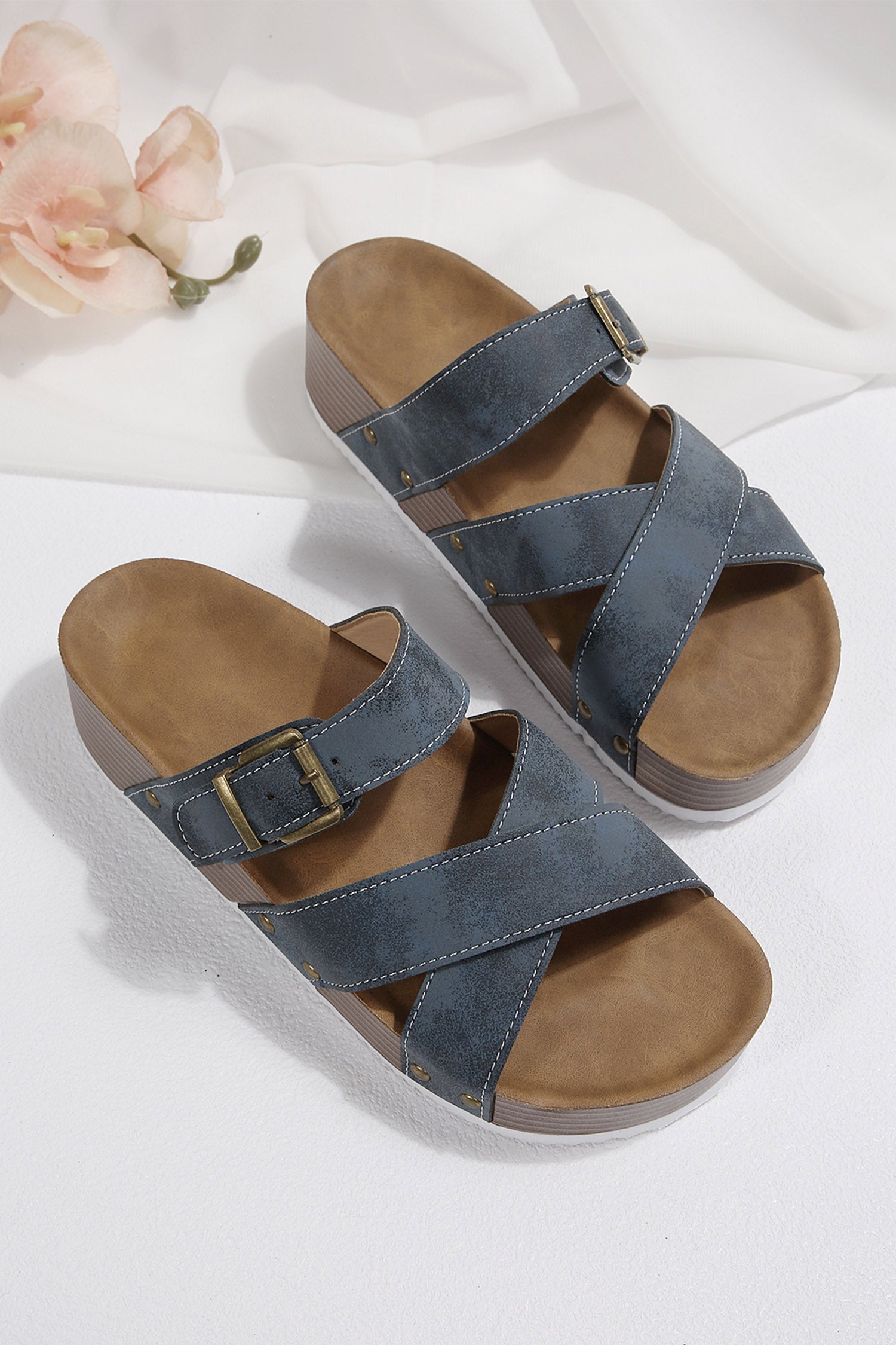 Sail Blue Faux Suede PU Leather Strappy Cutout Retro Slippers