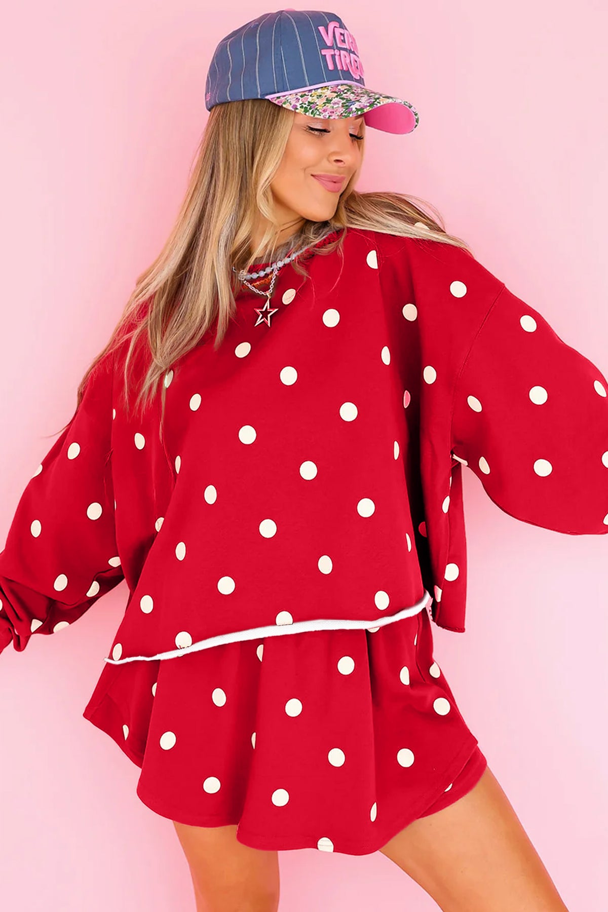 Red Polka Dot Raw Hem Relaxed Pullover Loose Skort Two Piece Set