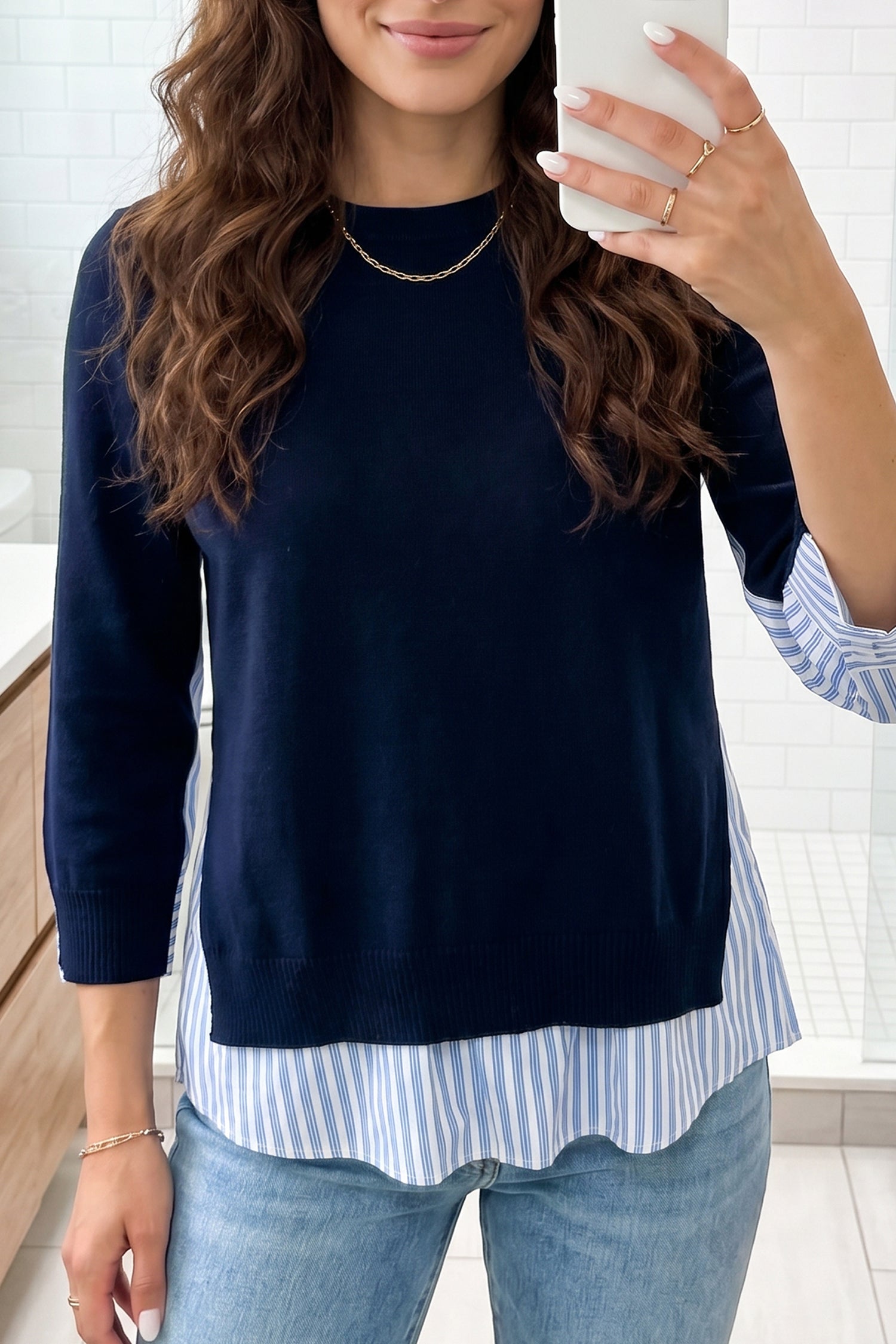 Navy Blue Drop Shoulder Long Sleeve Striped Pullover Sweater