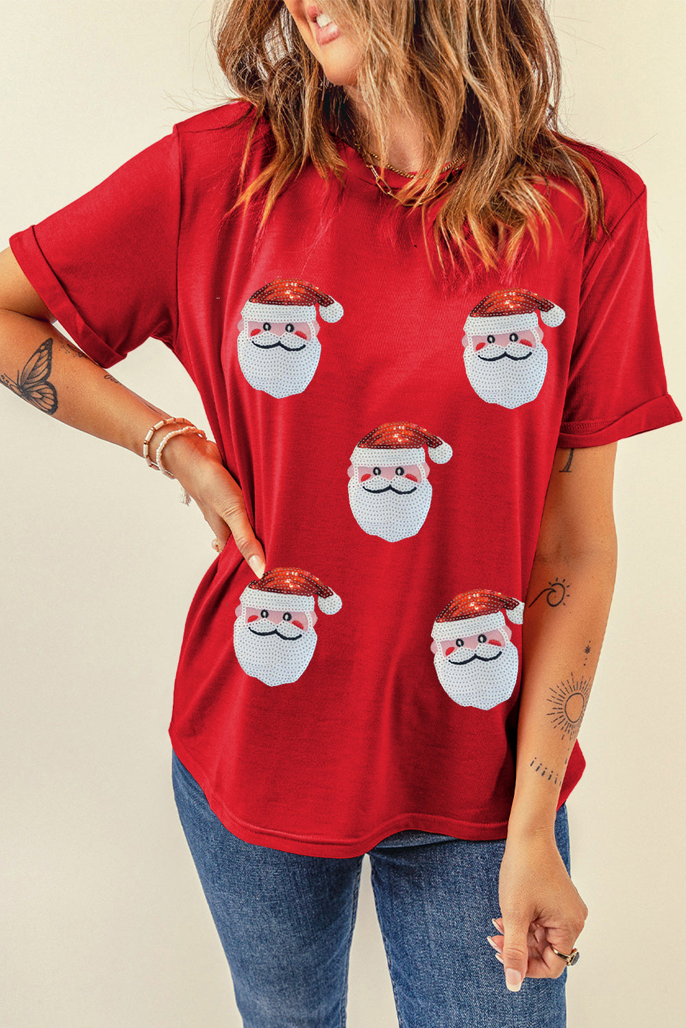 Red Faux Sequin Christmas Claus Pattern Crewneck T Shirt