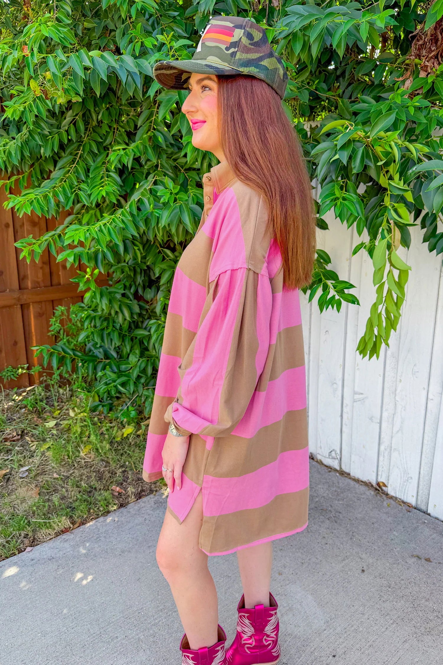 Rose Stripe Striped Button Long Sleeve Short Shift Dress