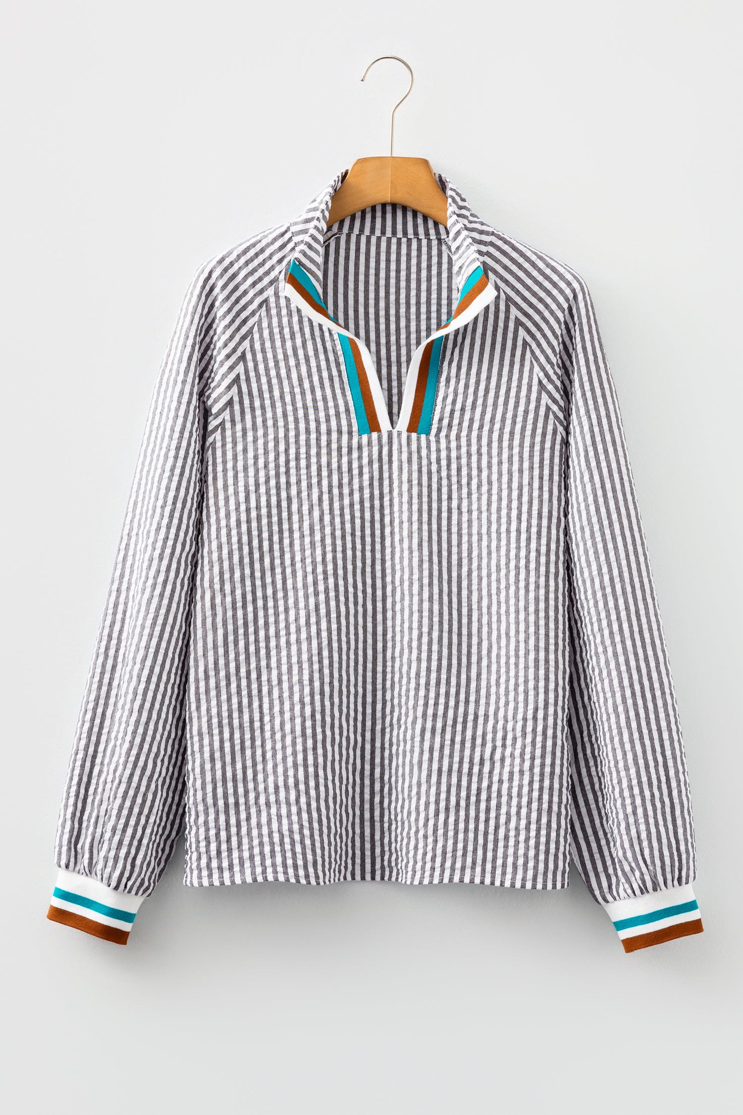 Dark Grey Striped Print Contrast Patchwork Detail Split Neck Blouse