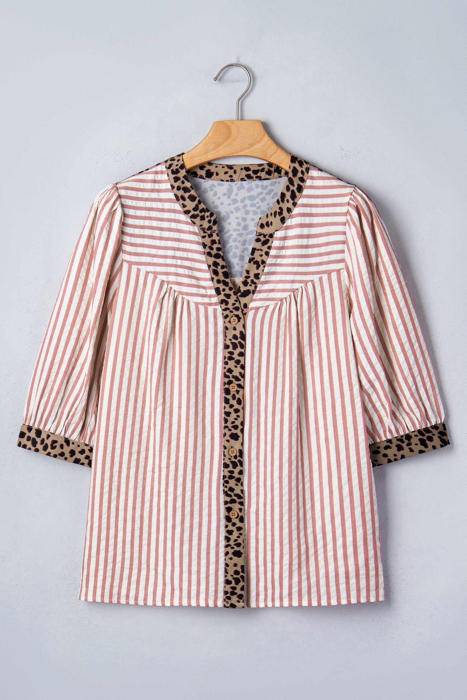 Pink Stripe Leopard Trim V Neck Button Down Half Sleeve Shirt