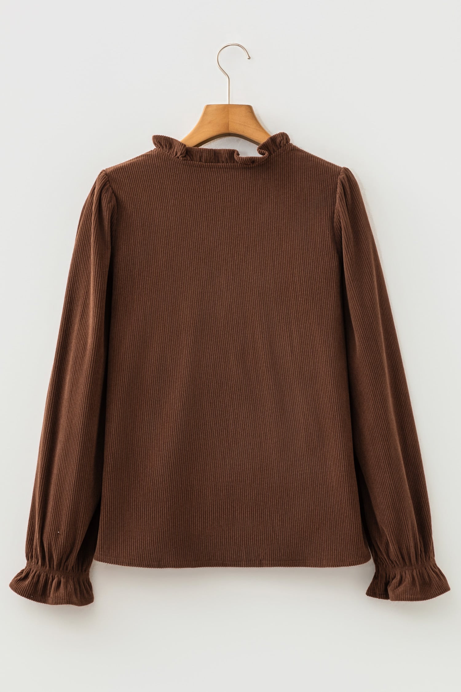 Coffee Solid Color Ruffle Trim V Neck Long Sleeve Button Corduroy Shakcet