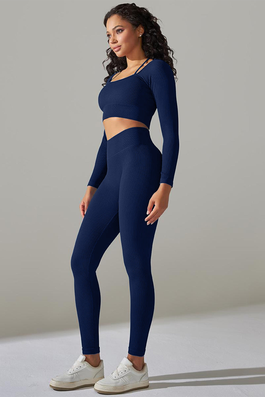 Navy Blue Ribbed Long Sleeve Strappy Square Neck 2pcs Yoga Set
