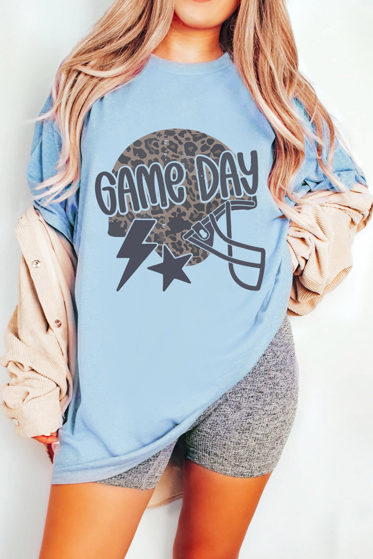Light Blue Leopard Print Lightning Star Helmet Graphic Game Day T Shirt