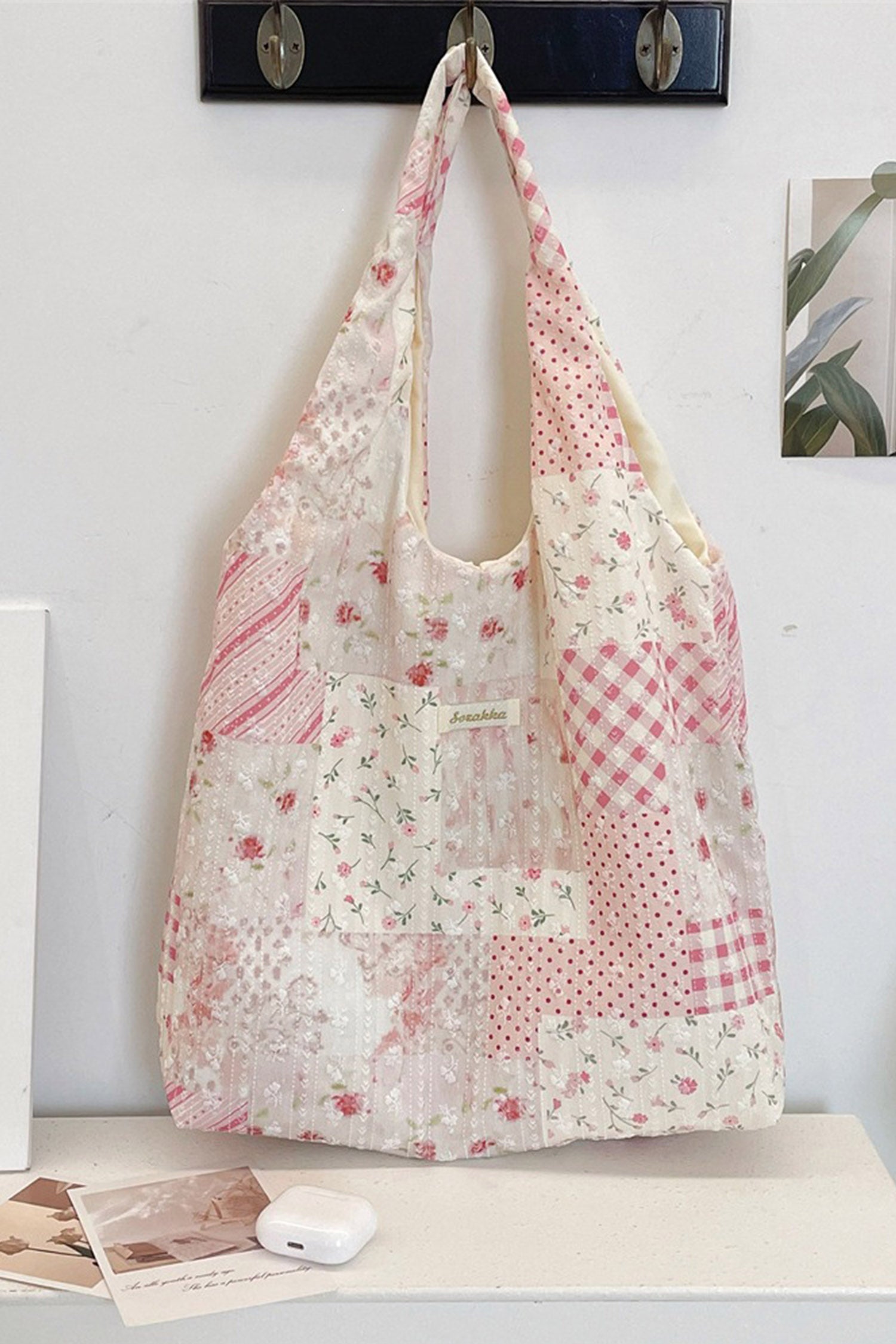 Pink Lightweight Cloth Boho Patchwork Floral Tote Bag