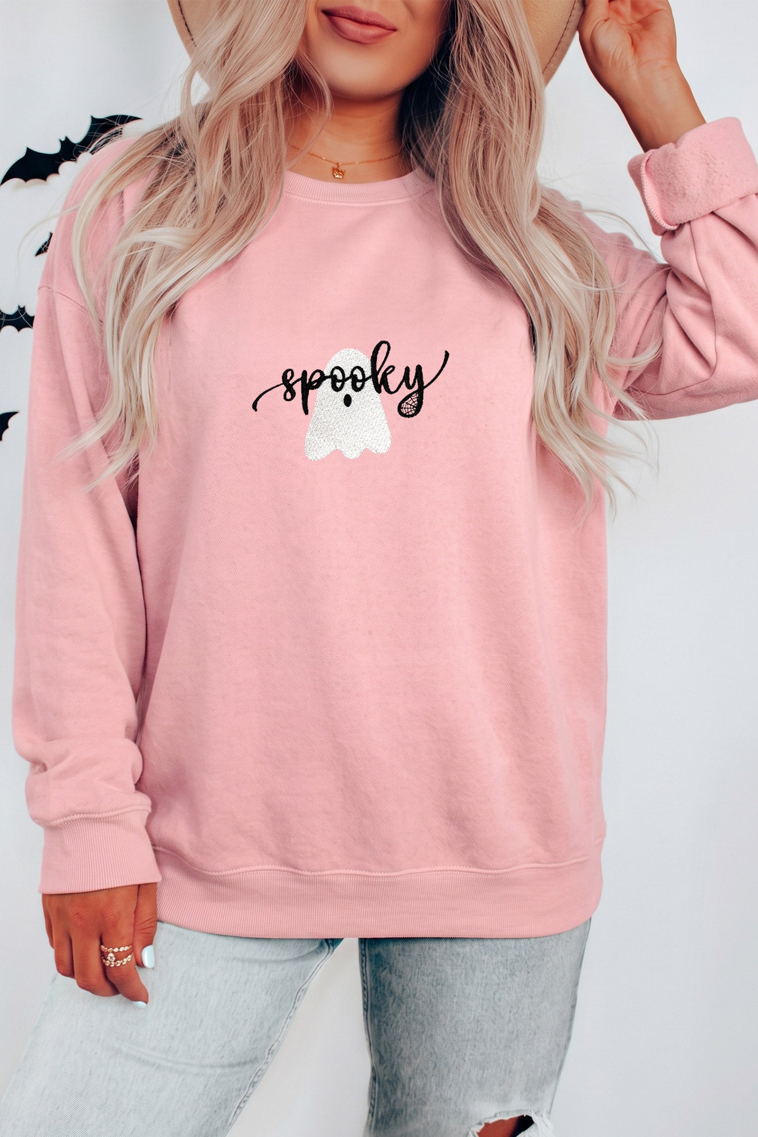 Pink Embroidered Ghost Halloween Graphic Sweatshirt