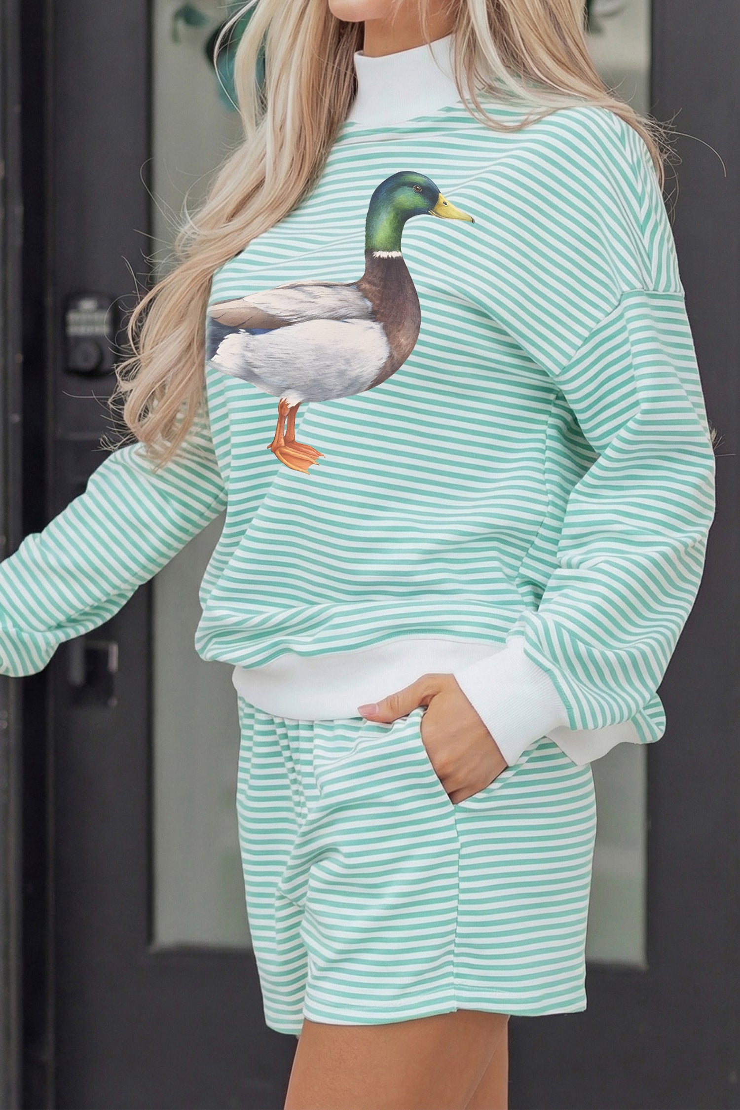 Green Stripe Western Print Mallard Duck Mock Neck Sweatshirt Set