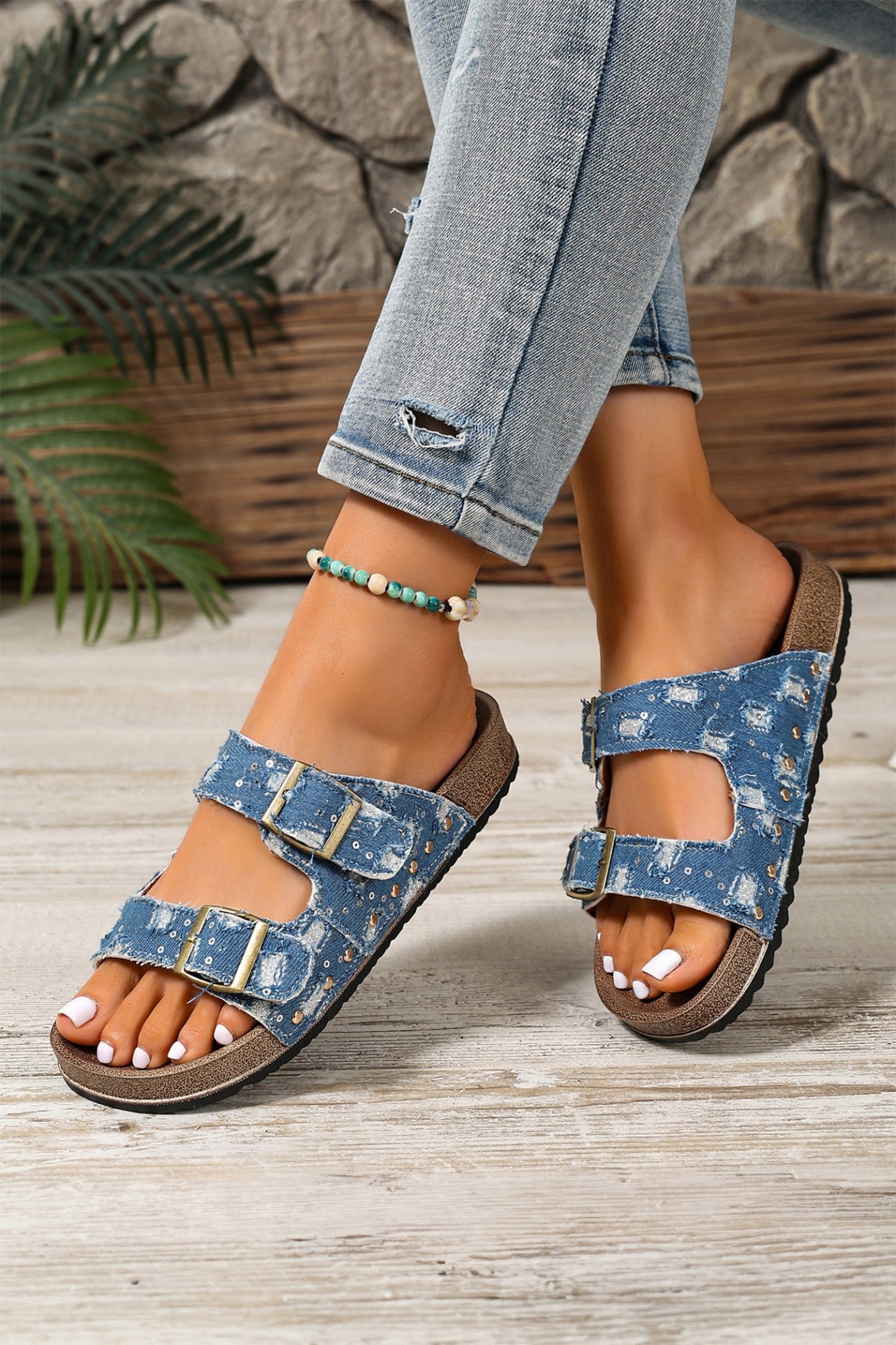 Sky Blue Leopard Two-tone Retro Buckle Straps Hollowed Faux Suede Slippers