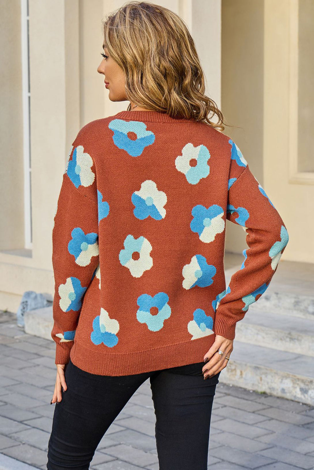Brown Color Block Flower Cute Pattern Drop Shoulder Bulk Sweater