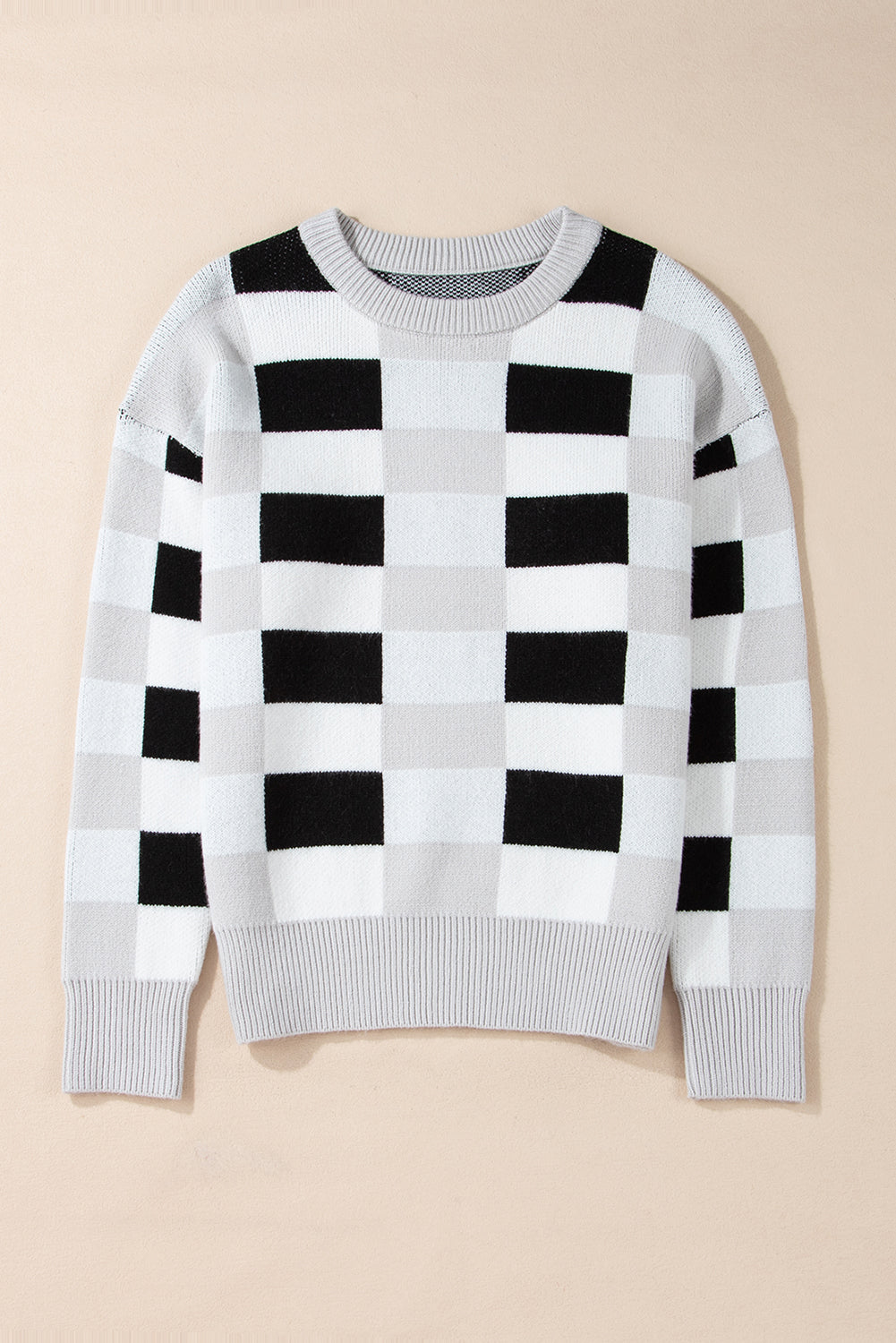 Black Checkered Ribbed Edge O Neck Drop Shoulder Sweater