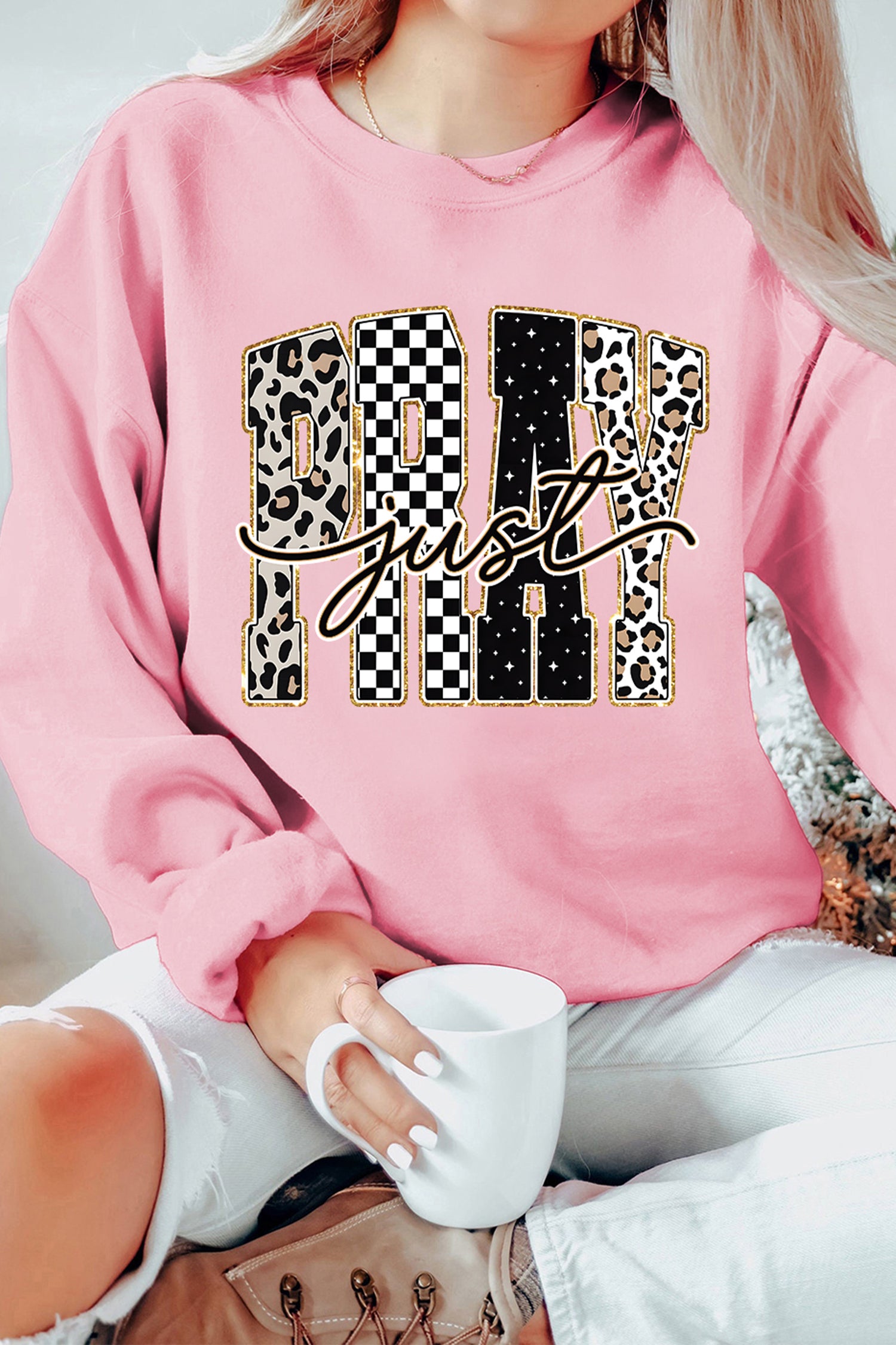 Pink Just PRAY Unique Letter Graphic Round Neck Pullover Sweatshirt