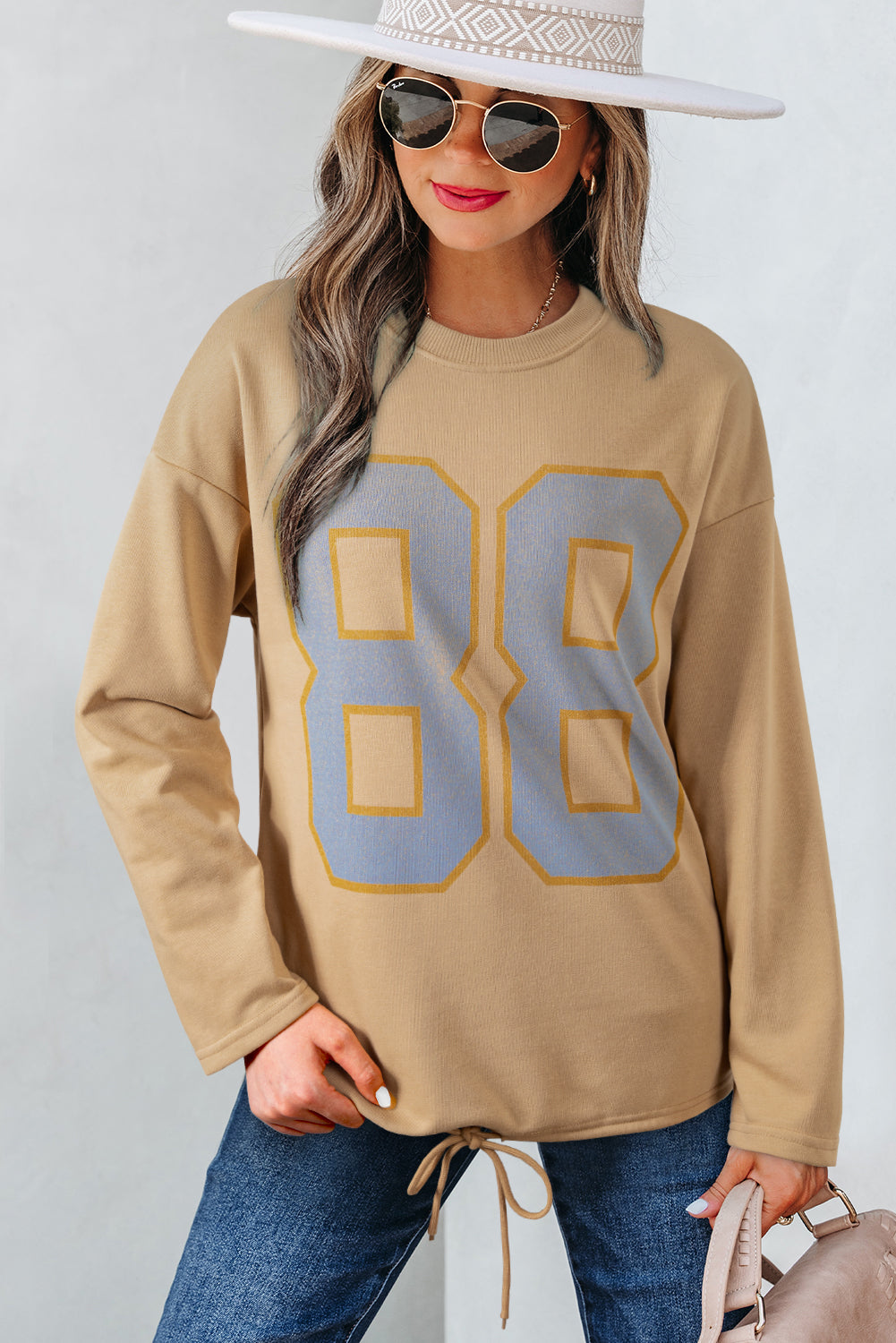 Khaki 88 Number Graphic Drawstring Hemline Oversize Long Sleeve Top