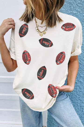 White Sequin Rugby Pattern Round Neck Casual T Shirt