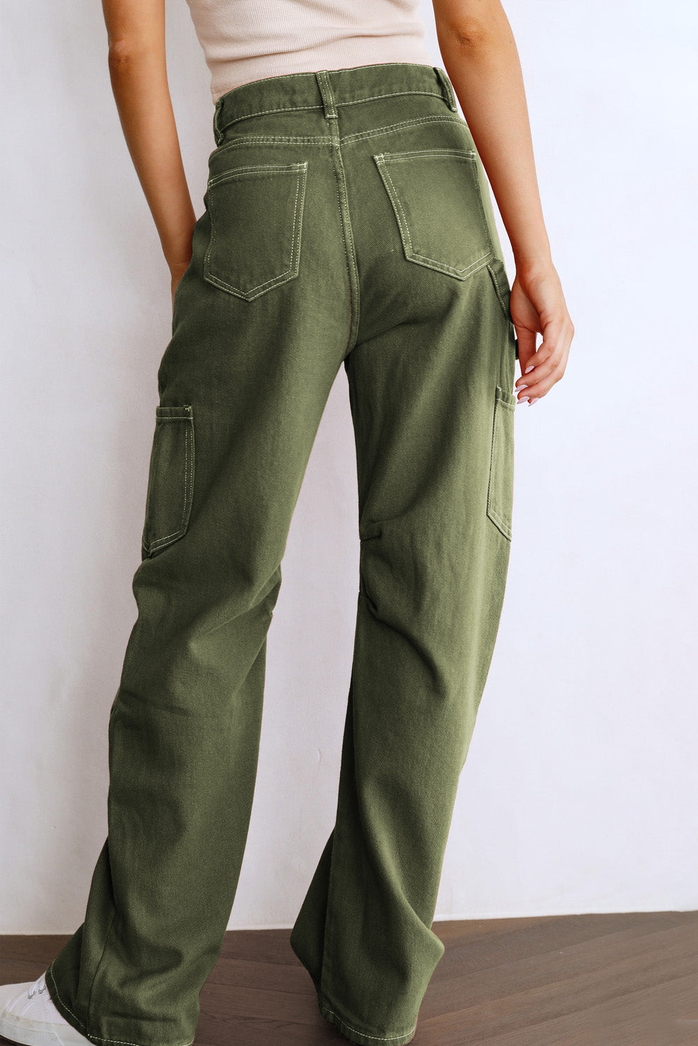 Green-2 High Waist Straight Leg Cargo Pants with Pockets