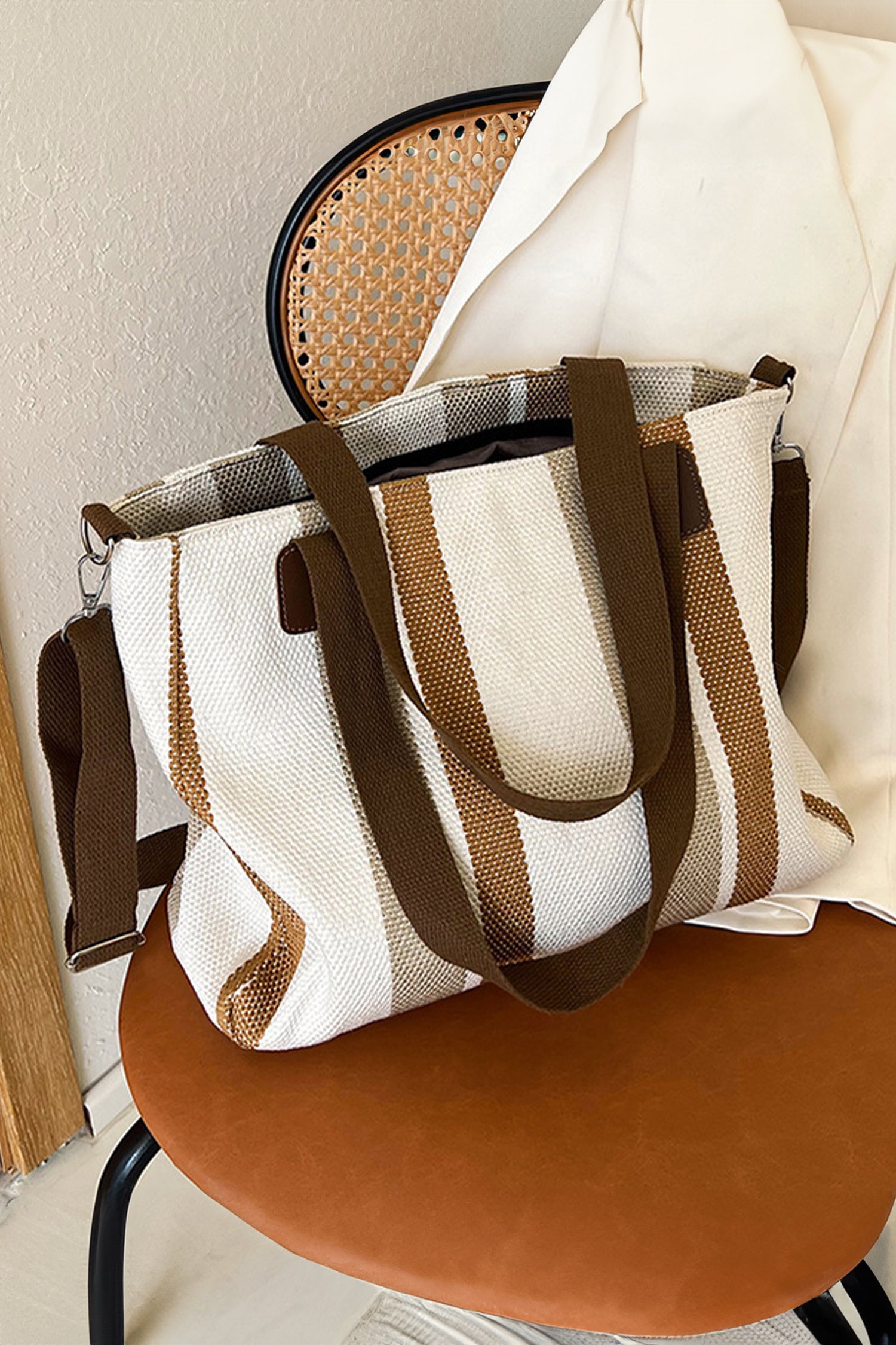 White Canvas Striped Convertible Tote Bag