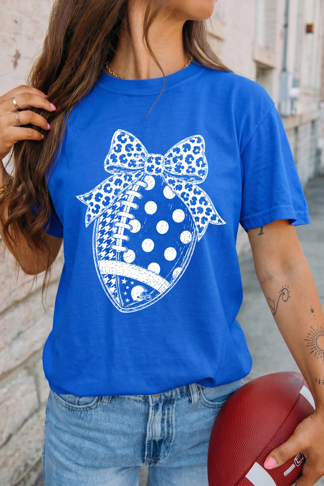Dark Blue Leopard Bow Polka Dot Football Graphic Game Day T Shirt
