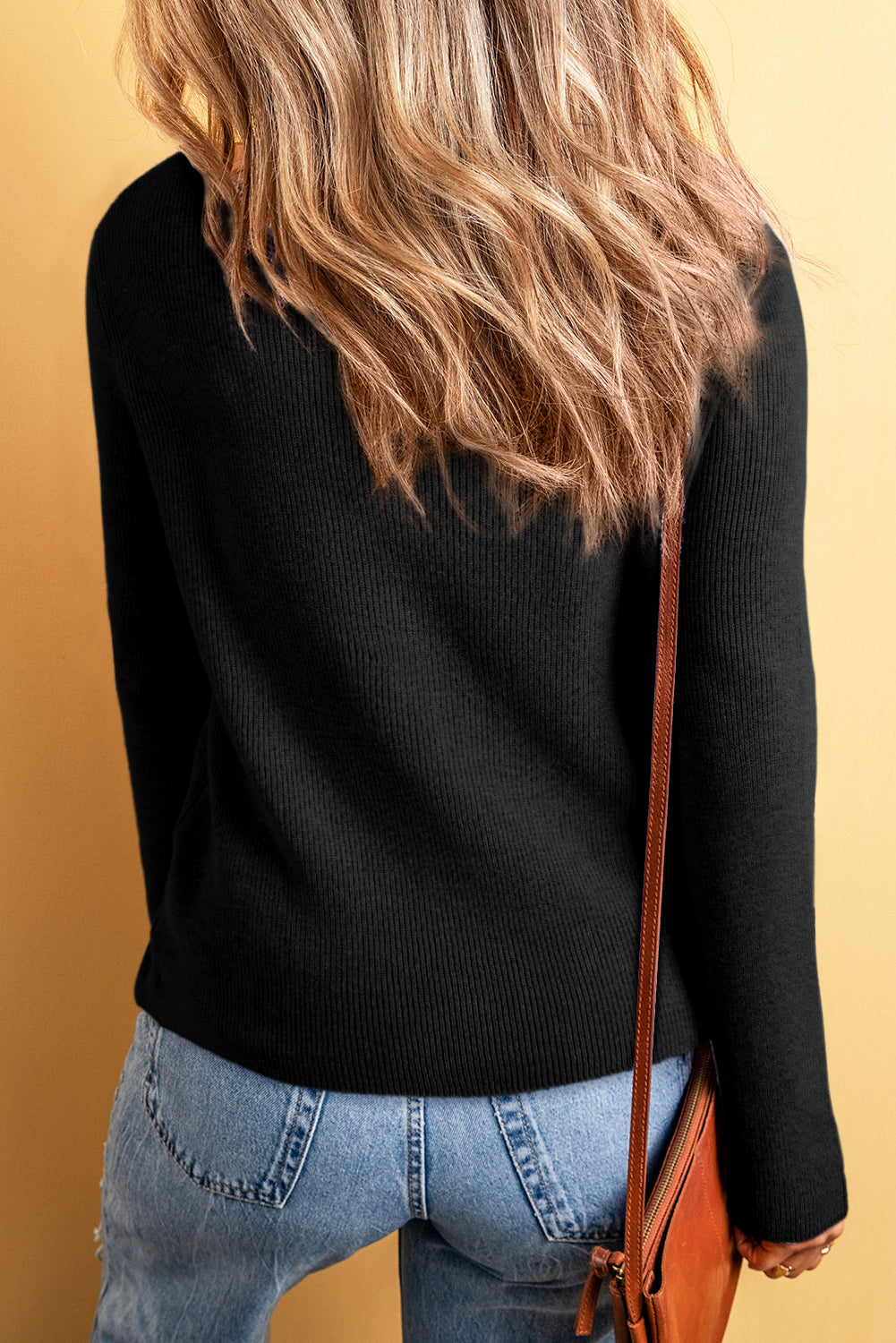 Black Lightweight Ribbed Knit Button Front V Neck Cardigan