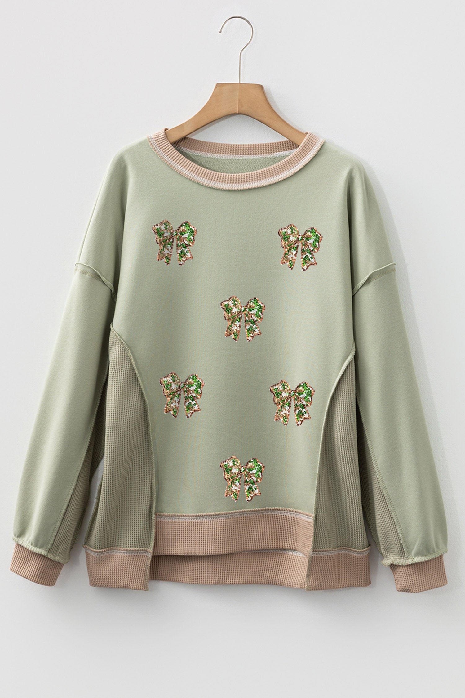 Smoke Green Sequin Bow Patchwork Waffle Colorblock Loose Sweatshirt