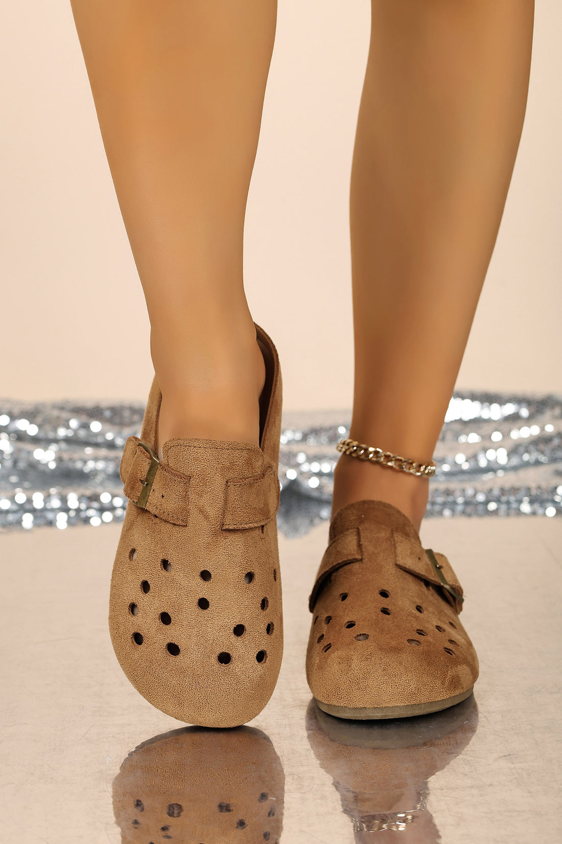 Coffee Faux Suede Retro Buckle Hollow Out Casual Mules Slippers