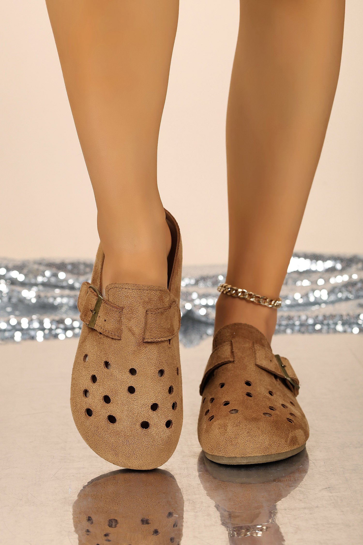 Coffee Faux Suede Retro Buckle Hollow Out Casual Mules Slippers