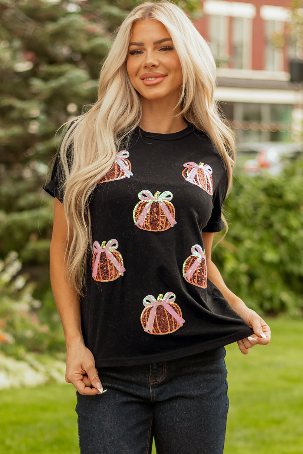 Black Sequin Bow Pumpkin Patched Cotton Blend T Shirt