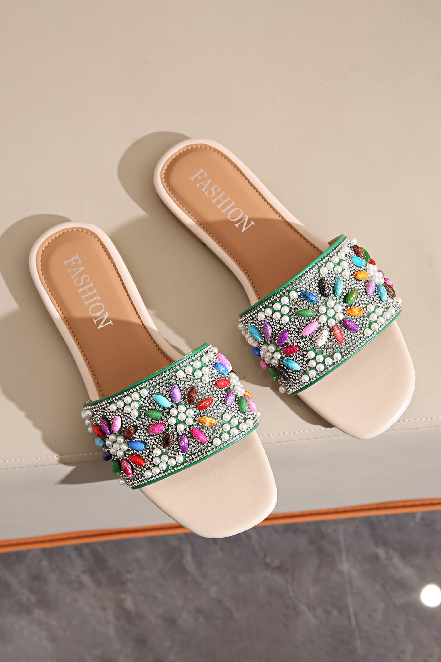 Dark Green Rhinestone Pearl Decoration Square Head Beach Slippers