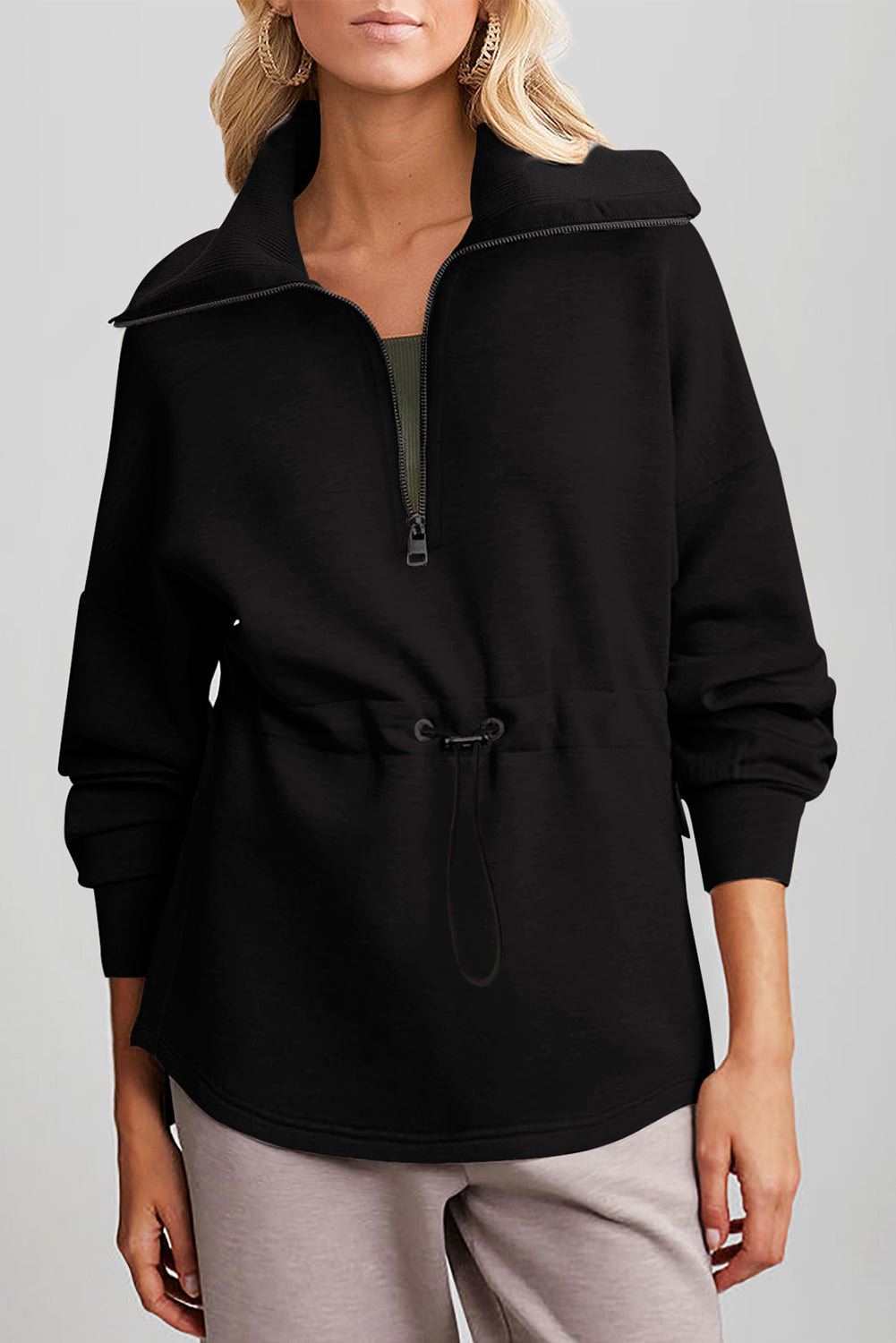 Black Half Zip Large Collar Drawstring Waist Pullover Sweatshirt