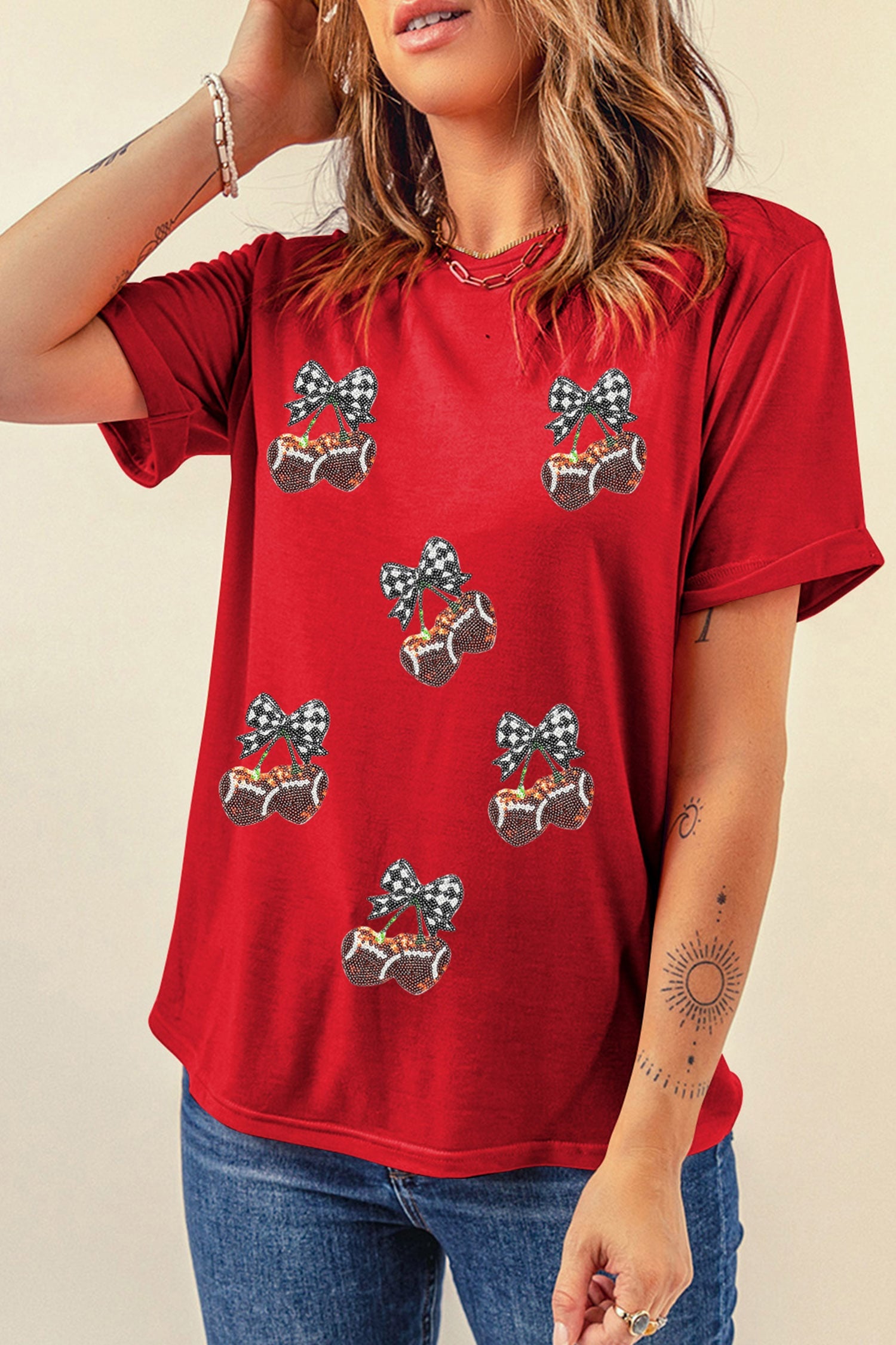Red Sequined Cherry Bow Short Sleeve Round Neck T Shirt