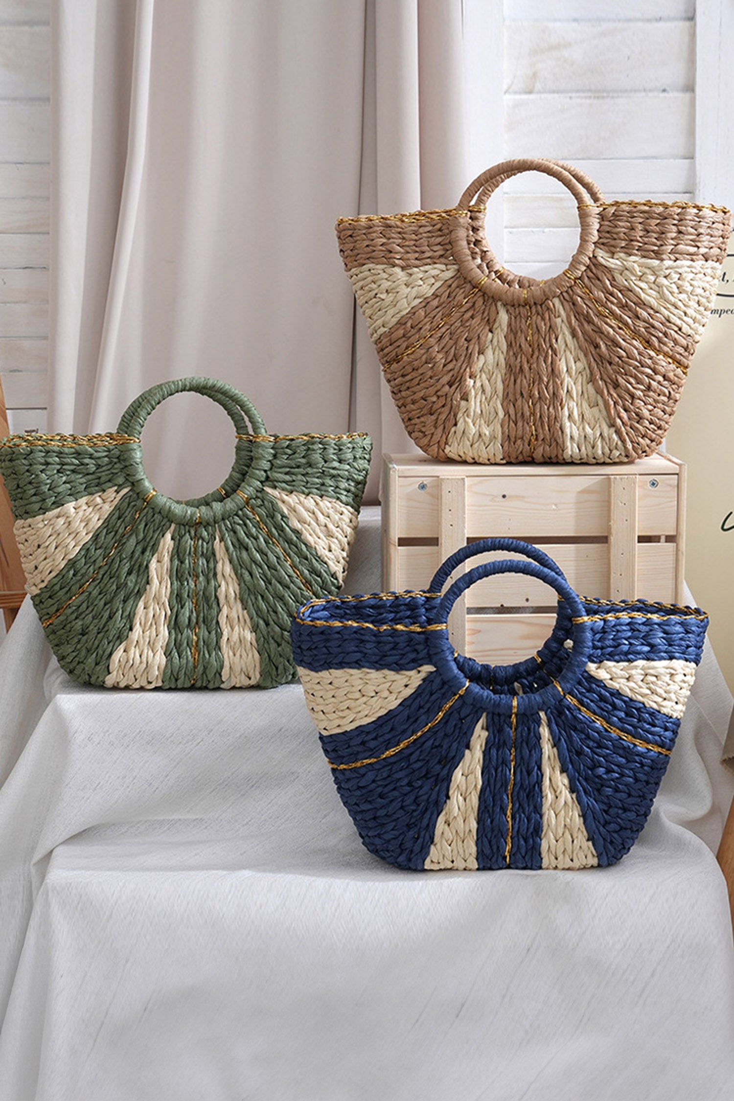Guacamole Green Gold Trim Color Block Handwoven Straw Tote Bag
