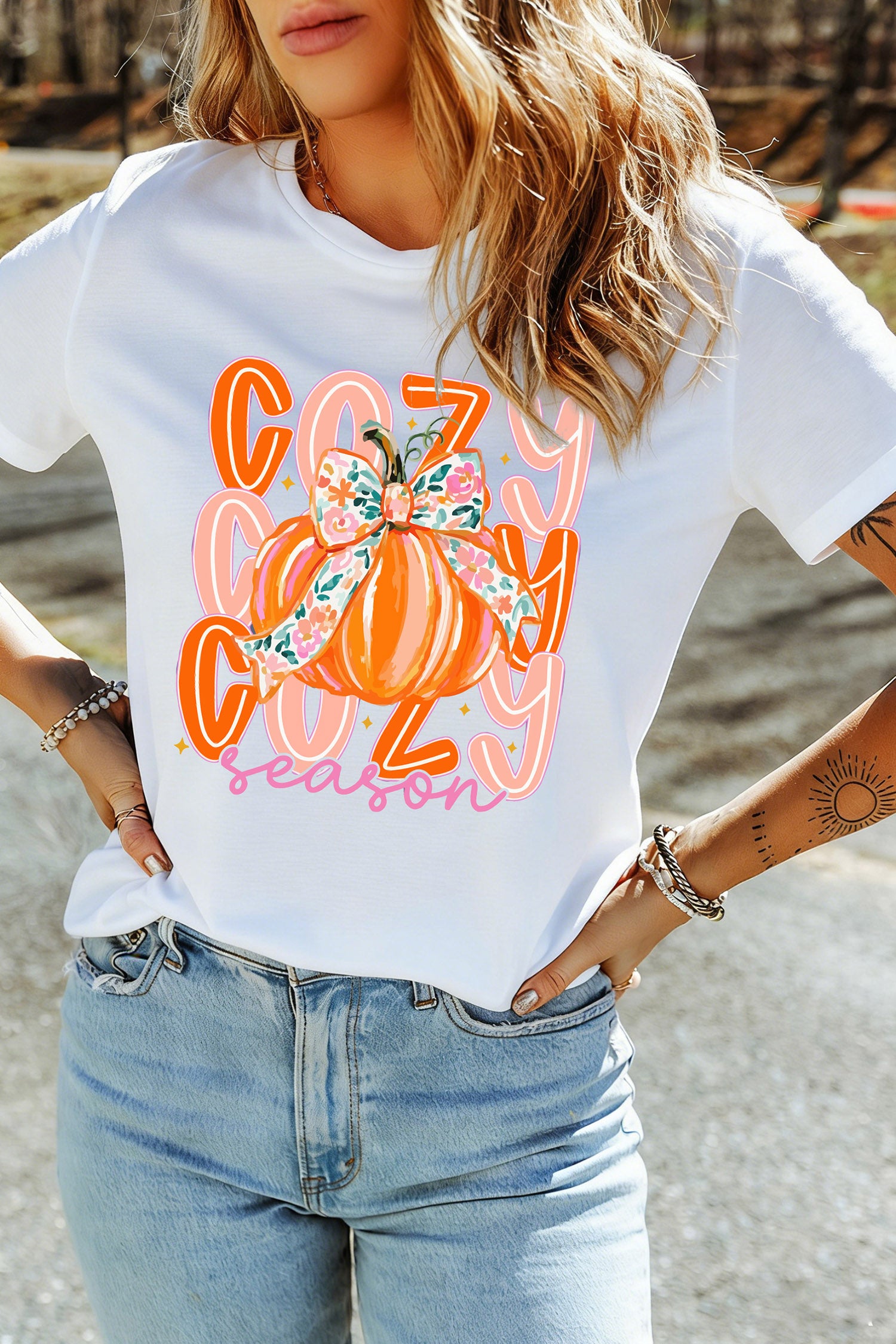 White Cozy Season Pumpkin Graphic Round Neck T-Shirt