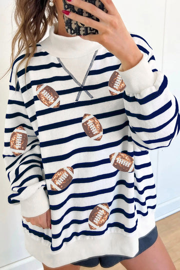 Blue Stripe Sequin Rugby Print Mock Neck Casual Sweatshirt