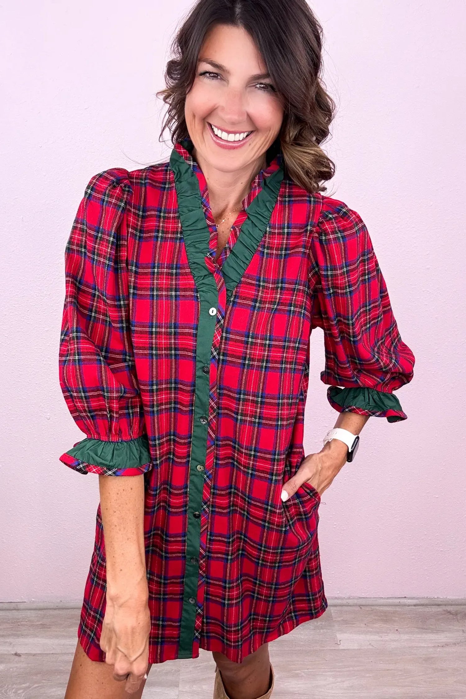 Red Plaid Ruffle Cuff Button Front Pocket Mini Dress