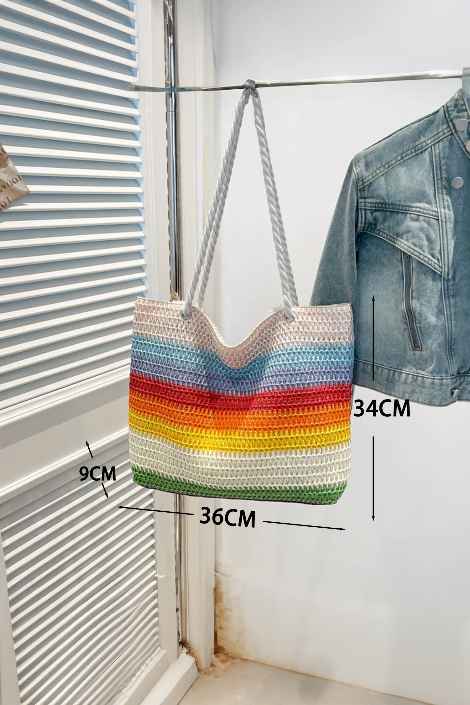 White Rainbow Straw Woven Boho Beach Tote Bag