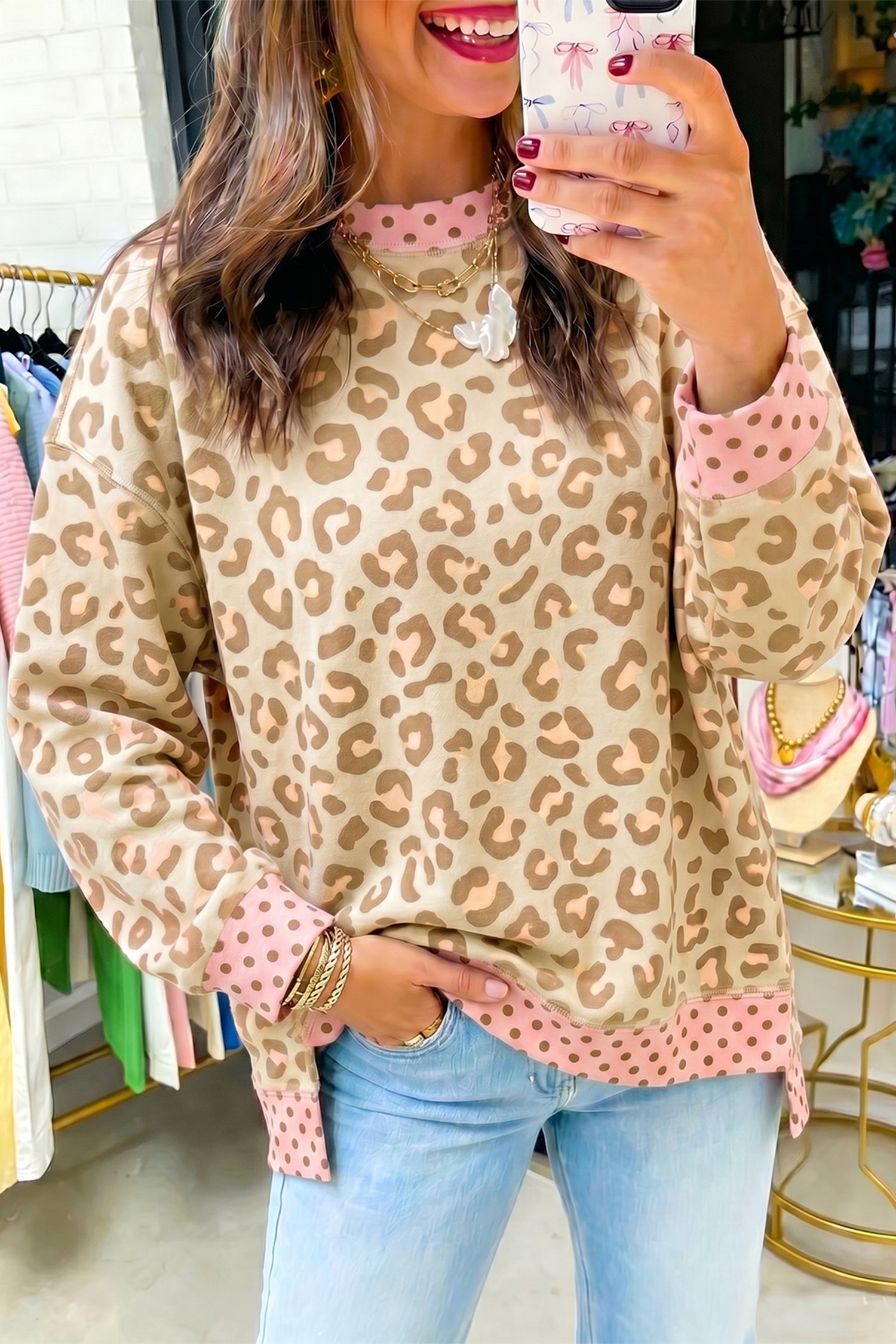 Khaki Leopard Polka Dot Colorblock Trim Long Sleeve Top