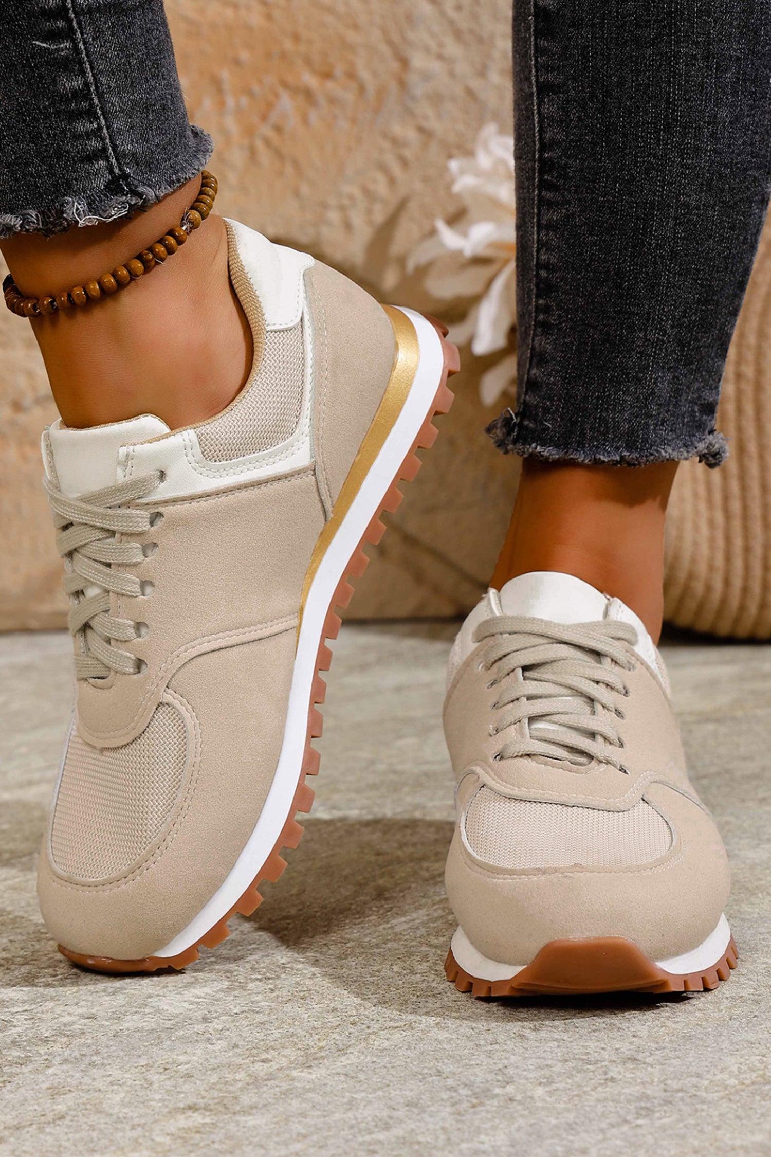 Beige Faux Suede Mixed Patchwork Retro Jogger Sneakers