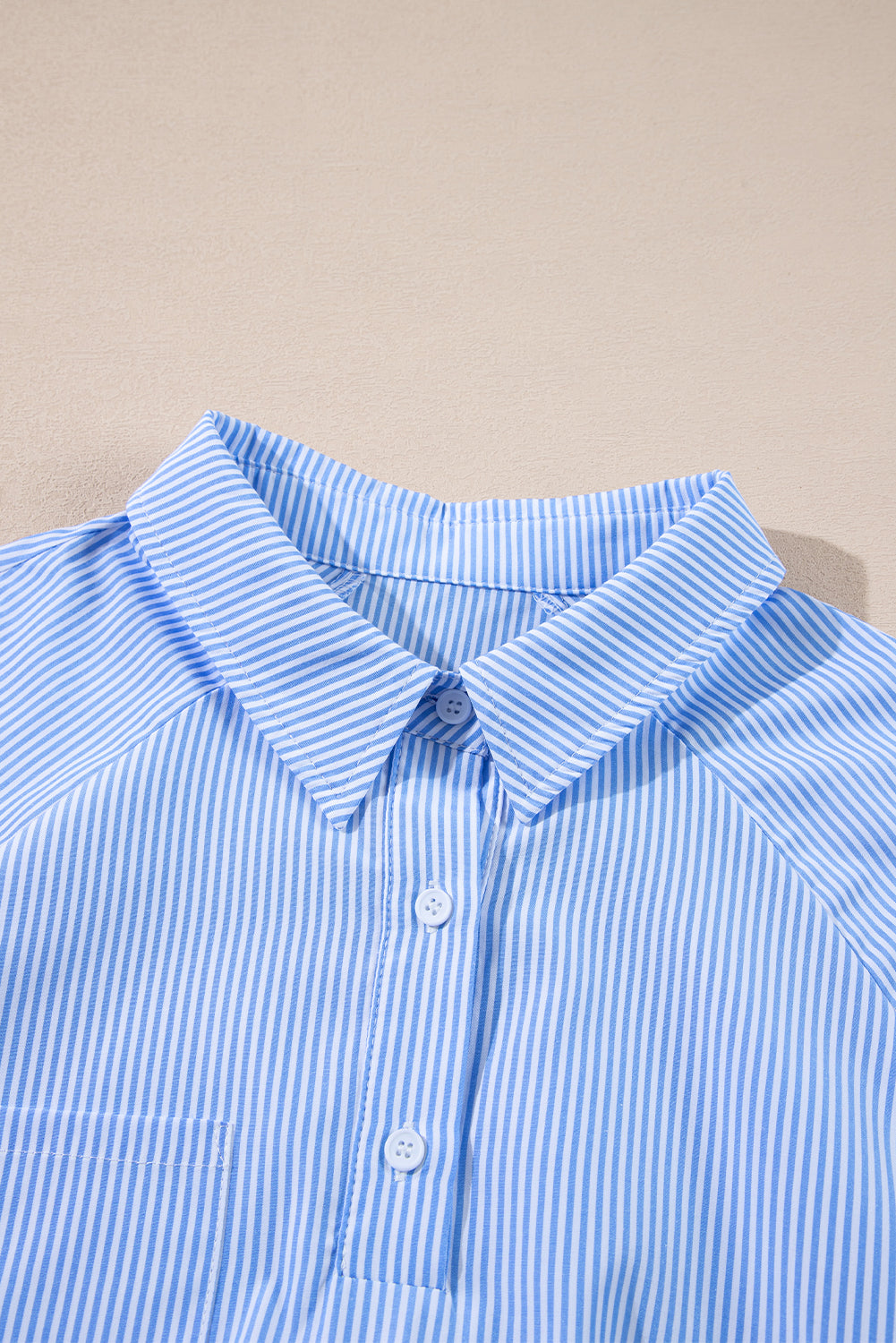 Sky Blue Stripe Pinstripe Long Sleeve Smocked Cuffs Button Shirt Collar Blouse