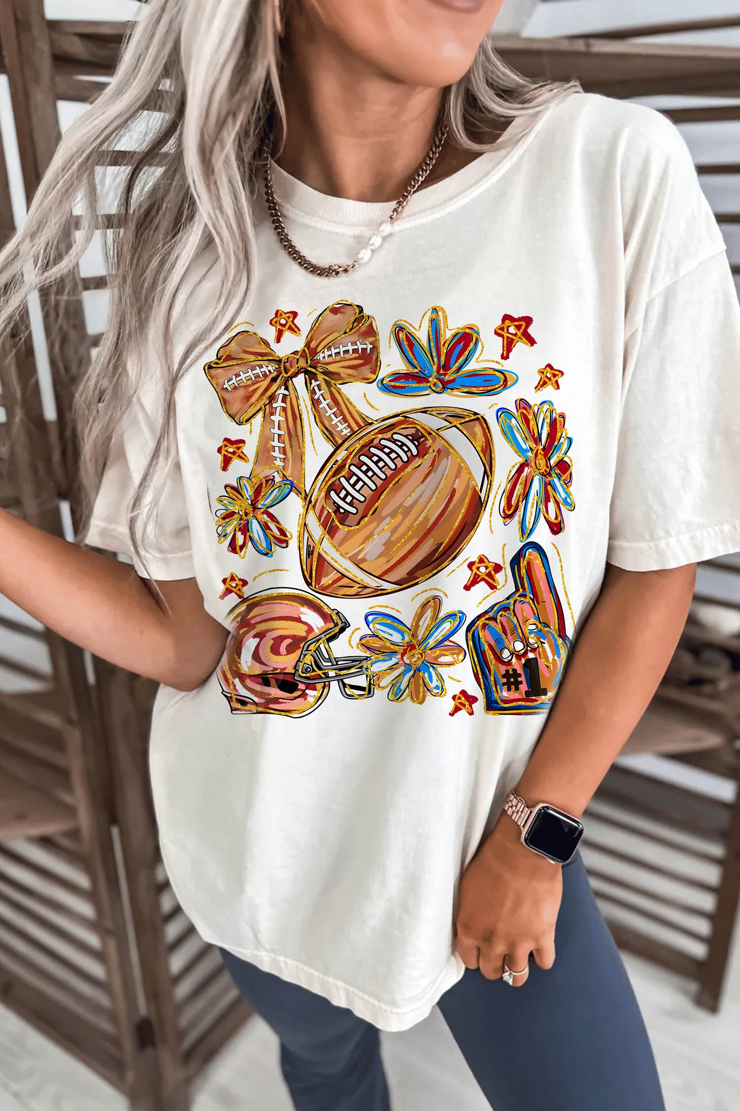 White Vibrant Football Graphic Game Day Cheerful T Shirt
