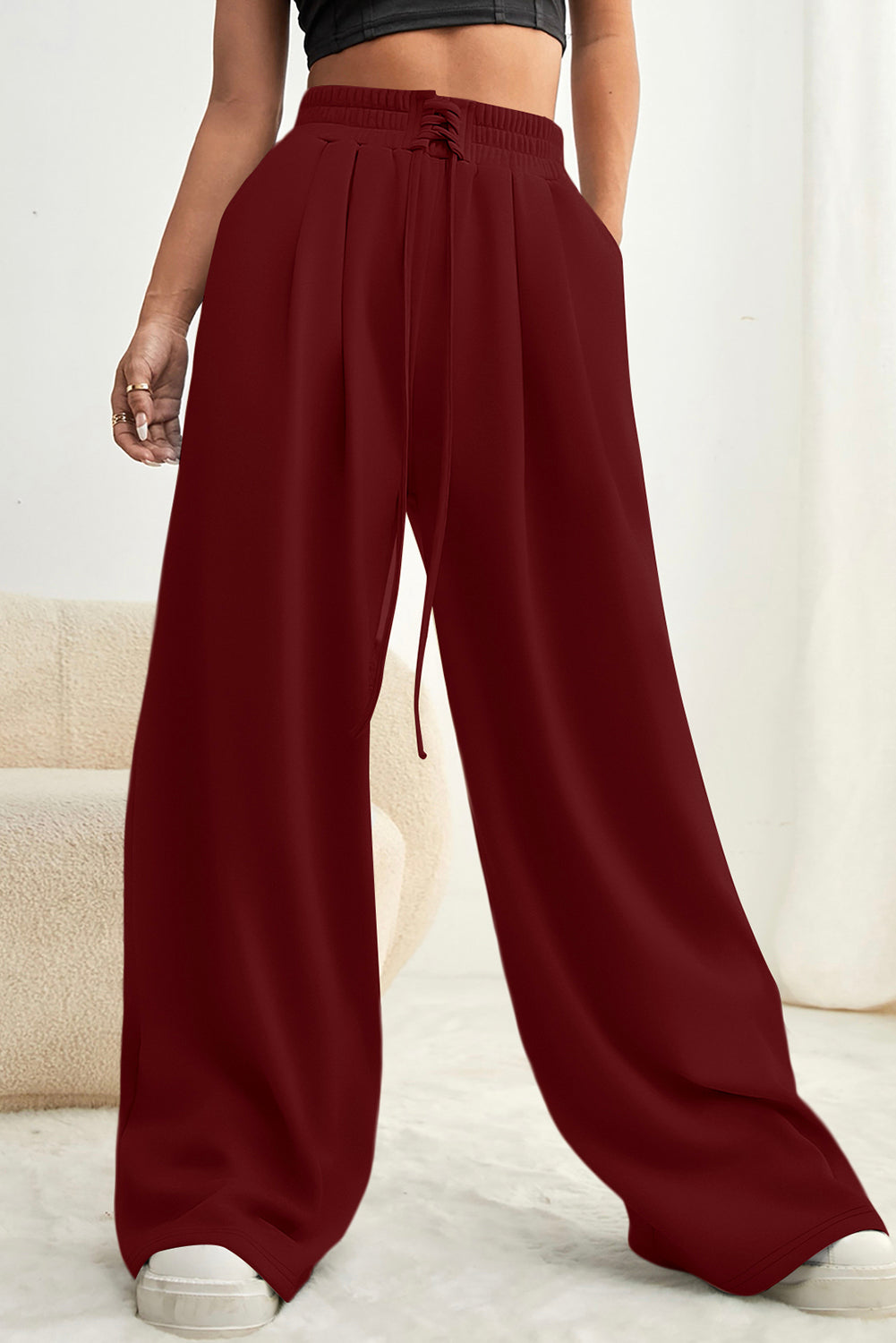 Burgundy Tied Elastic High Waist Pleated Detail Solid Sweatpants