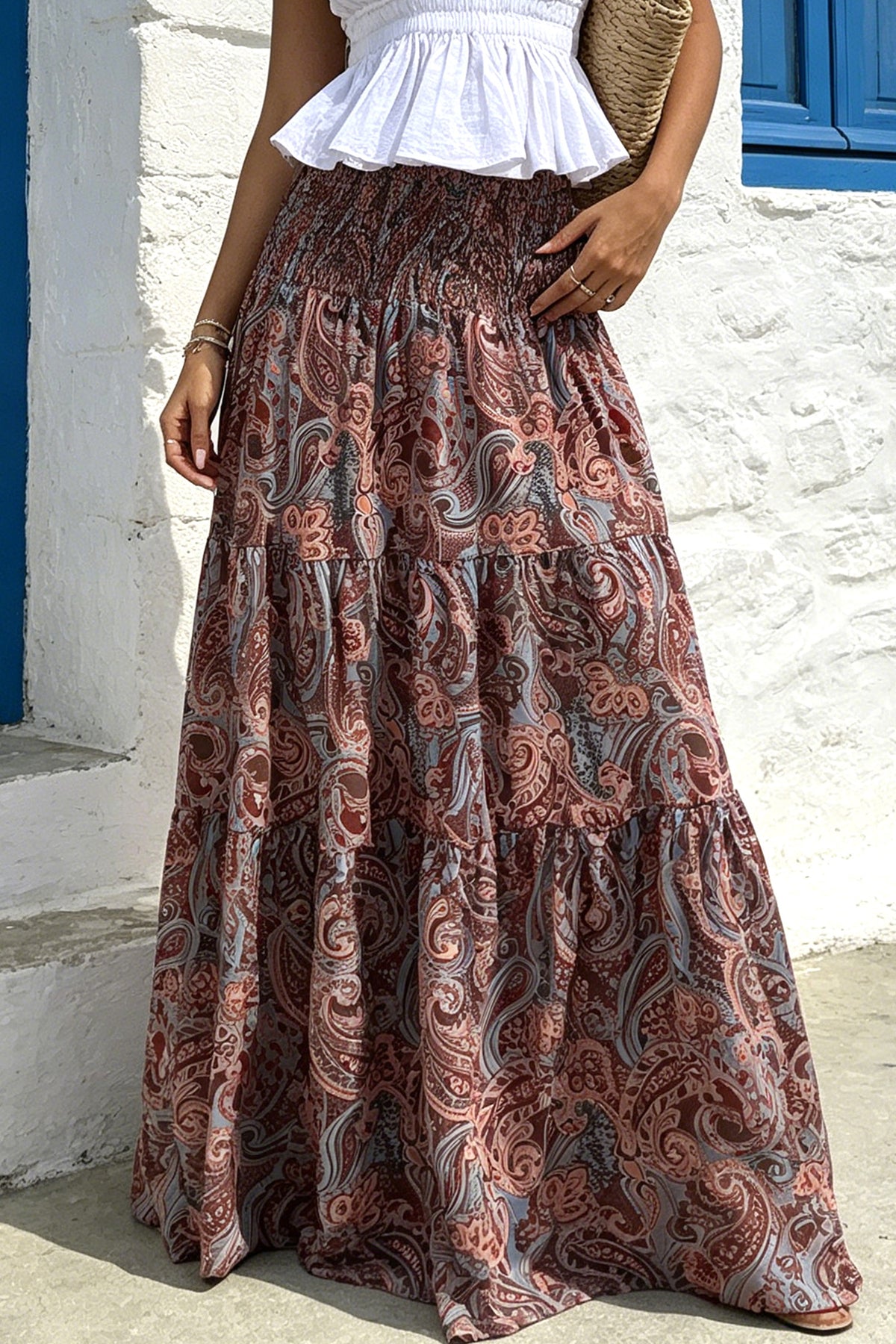 Dark Brown Boho Vintage Paisley Print Tiered Long Skirt