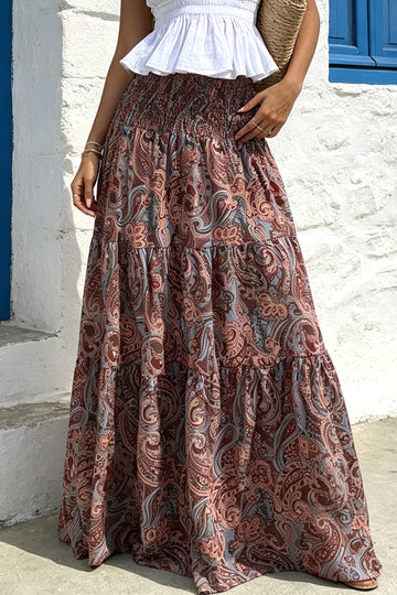 Dark Brown Boho Vintage Paisley Print Tiered Long Skirt