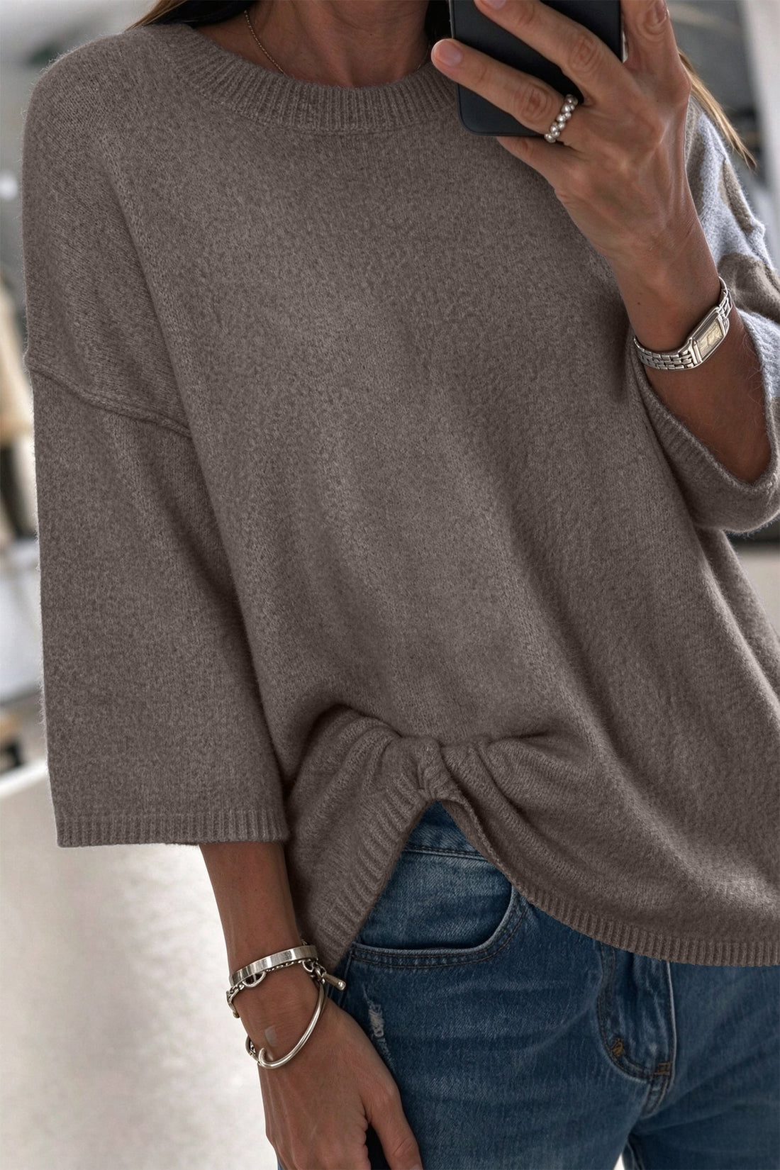 Simply Taupe Solid Color Knit Half Sleeve Round Neck Shift Sweater