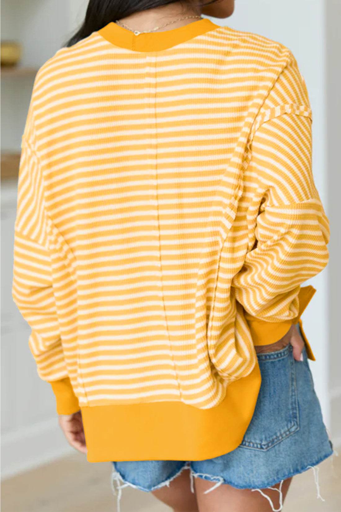 Khaki Stripe Sequin Turkey Graphic Split Hem Casual Long Sleeve Top