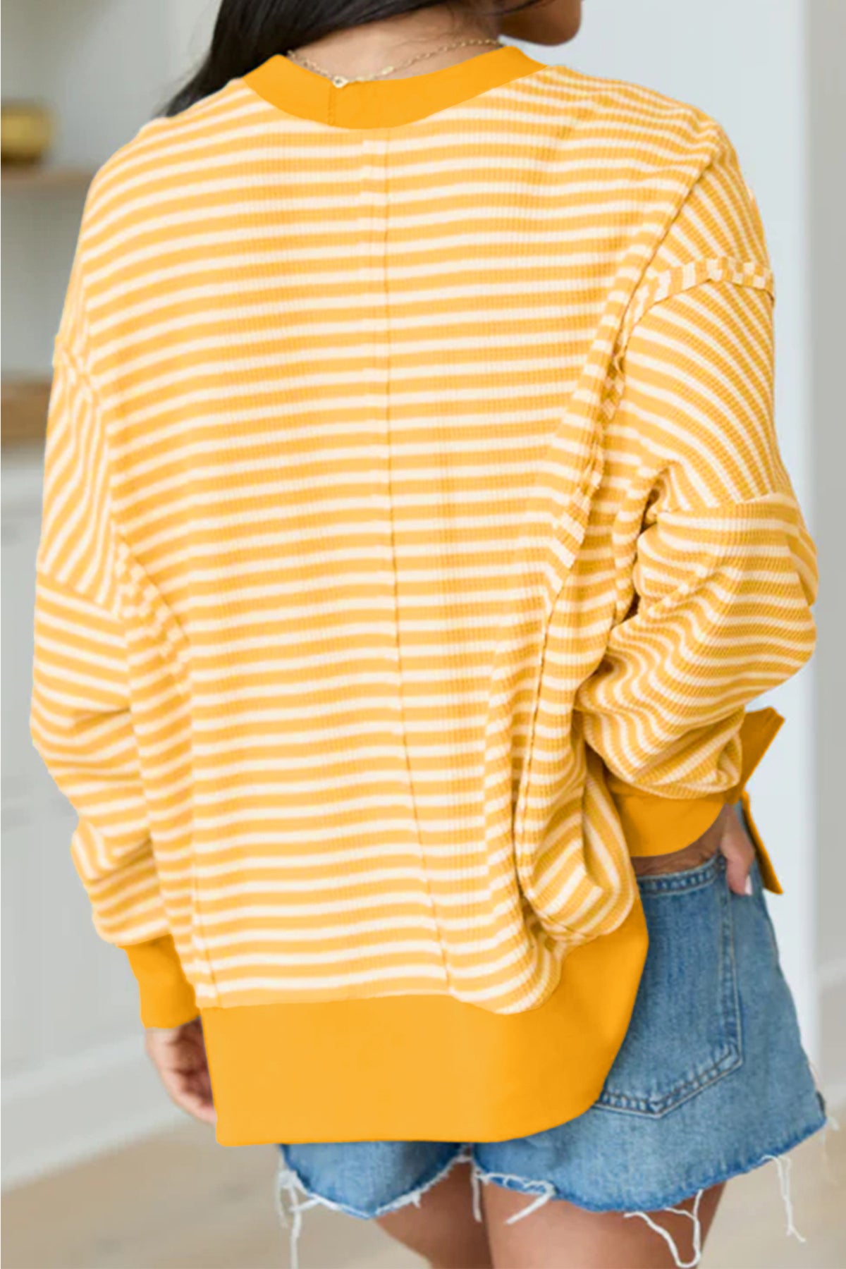Khaki Stripe Sequin Turkey Graphic Split Hem Casual Long Sleeve Top